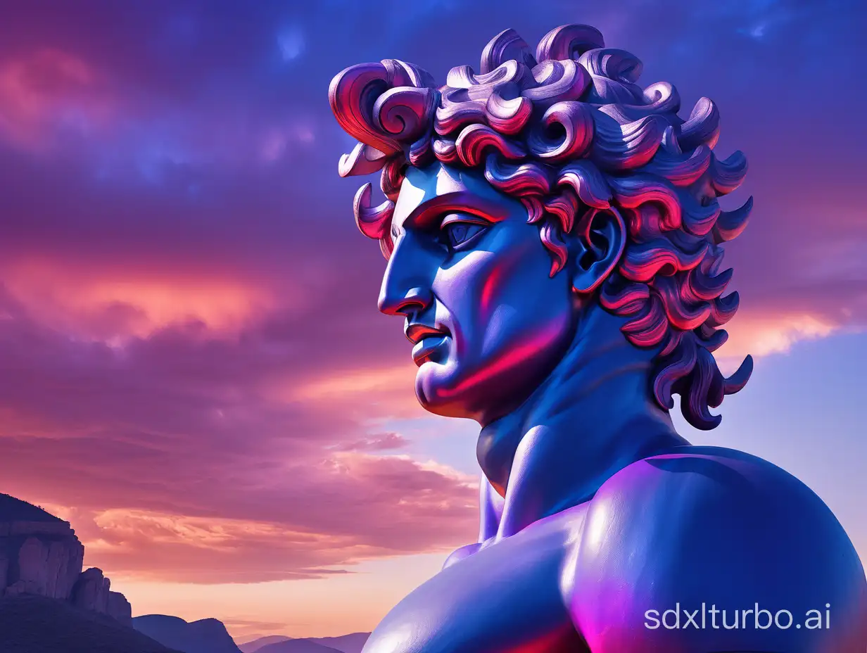 Landscape Greek god with metallic-type skin snd big head and neck with the red purple and indigo vibrant sky with clouds behind it