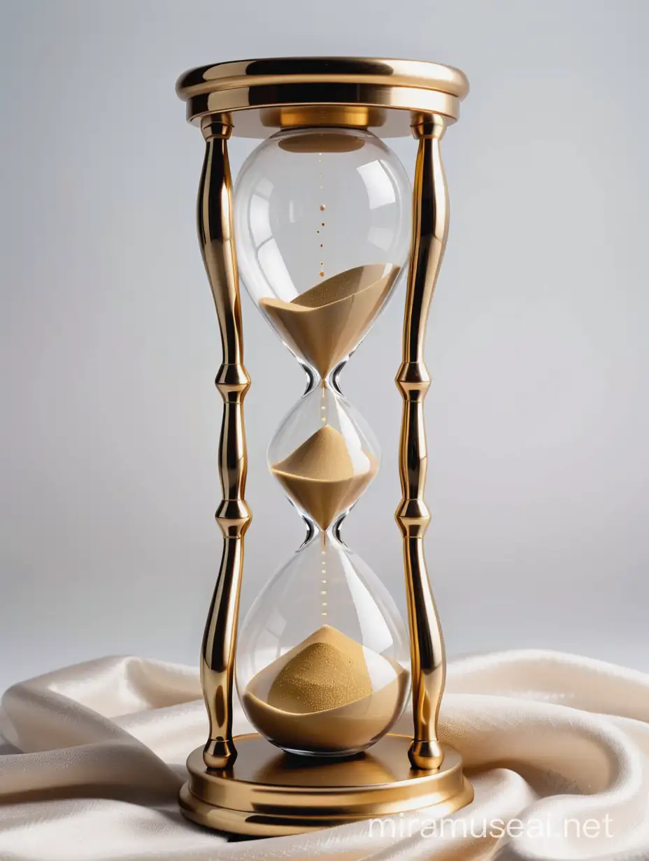  hourglass made from 6 banks. Banks are situated from up to dwon. golden sand inside. Hourglass stands on silver wrinkled fabric. Clear white backround.