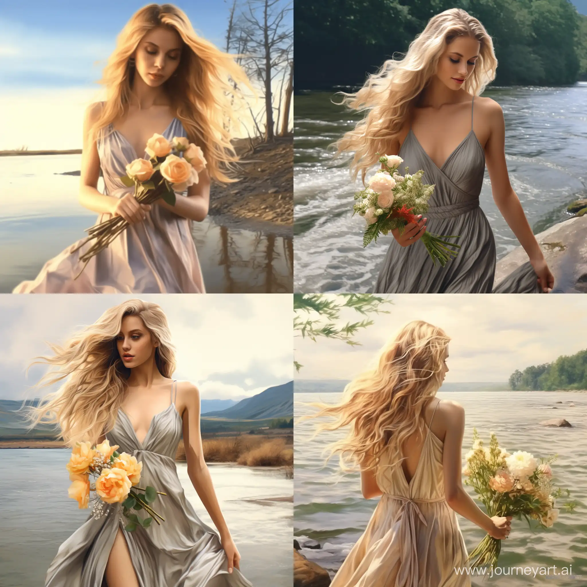 Elegant-Woman-in-Long-Flowing-Dress-Walking-by-the-River-with-Flower-Bouquet