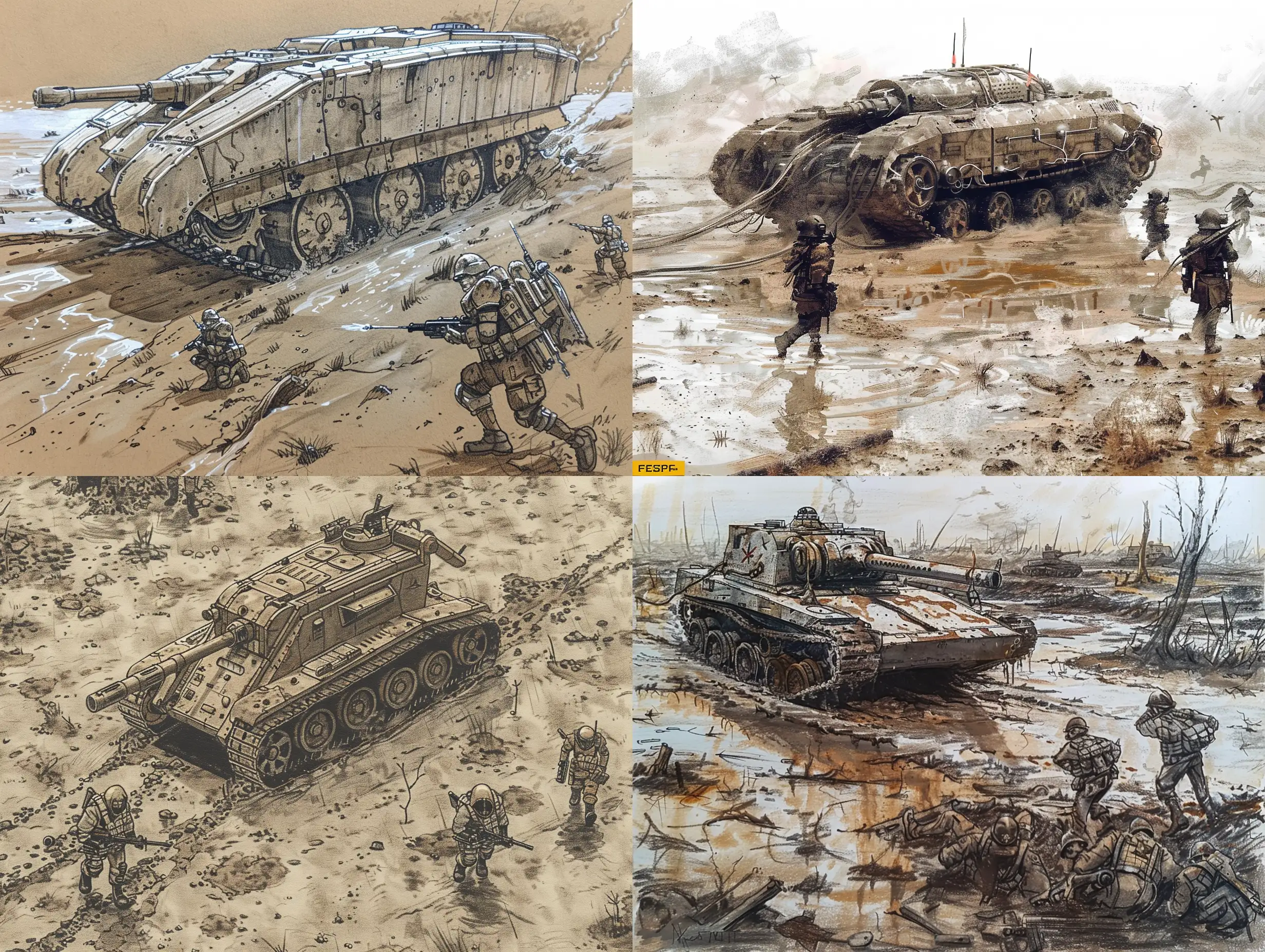 Dieselpunk-Tank-and-Soldiers-Maneuvering-Through-Muddy-Wilderness