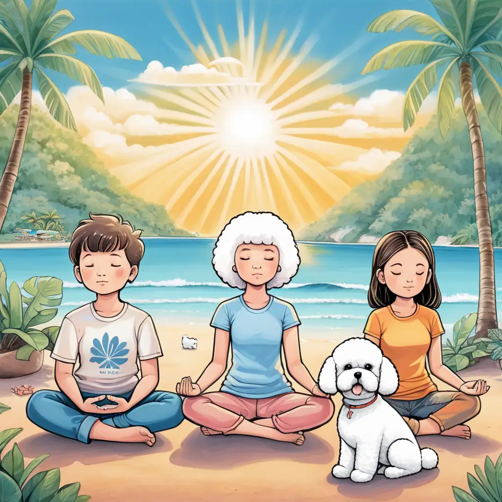 Serene Meditation Two Girls Two Boys and a Blissful Bichon Dog in Paradise