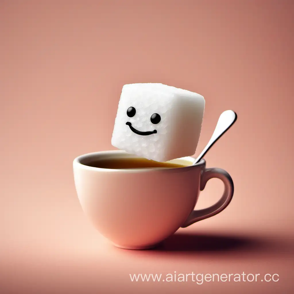 In the cup of tea floats a small cheerful sugar cube.
