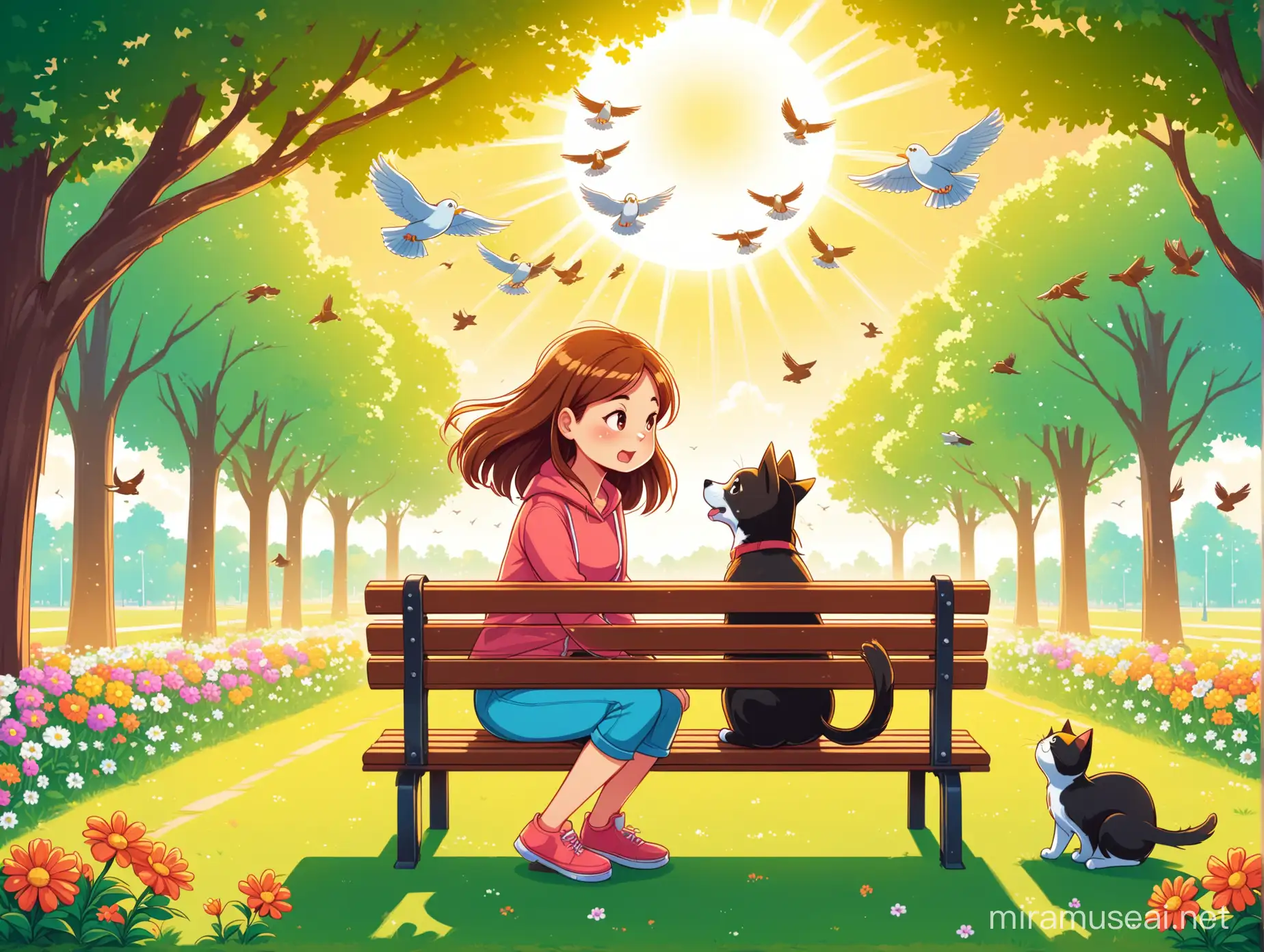 a girl sitting on a bench in a park and her dog is sniffing the bench. Next to the bench two cats are fighting. colorful cartoon style. nice flowers, sun shining, birds flying