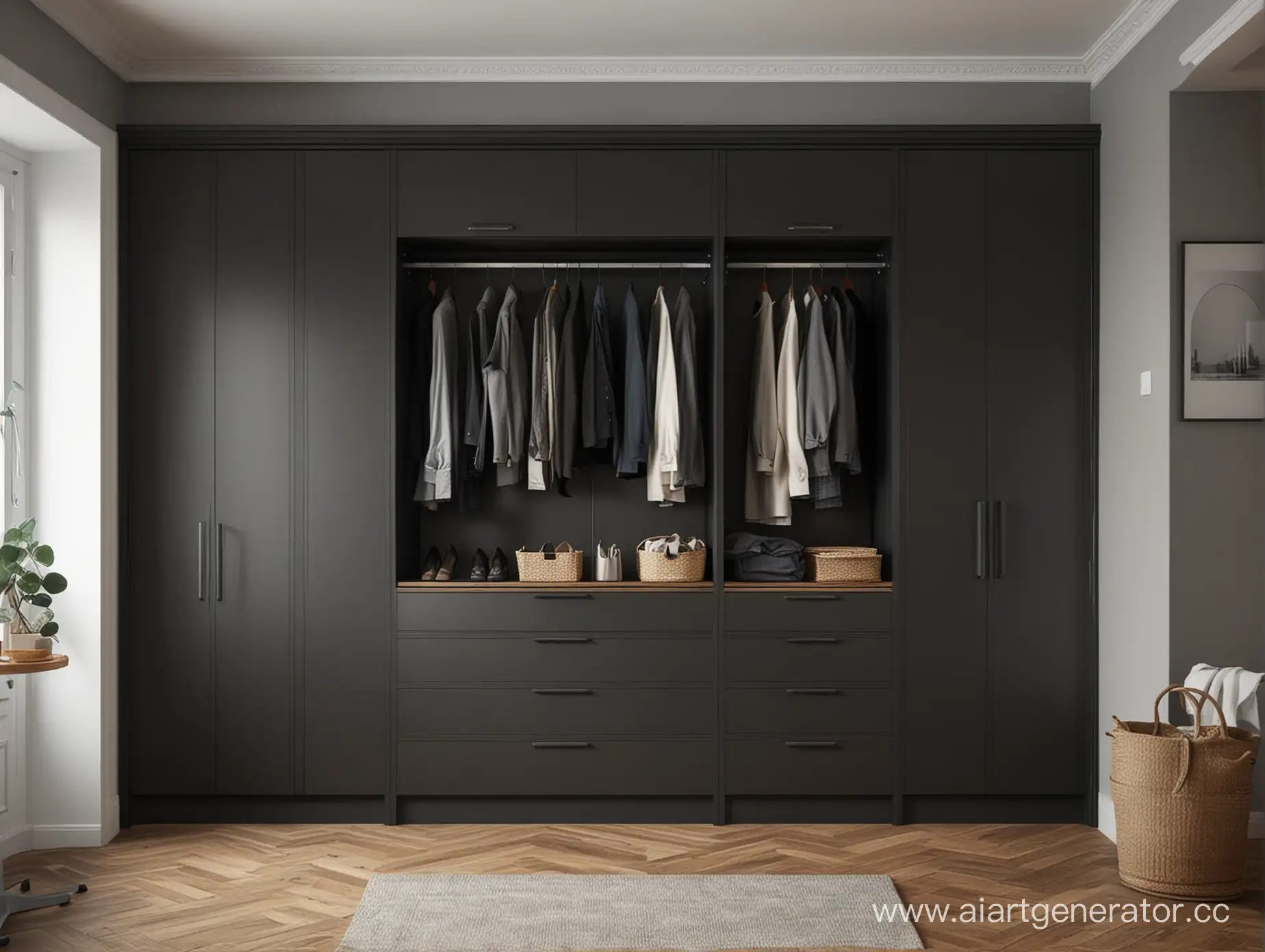 реалистичная фотография встроенного шкафа темного цвета в прихожую, чтобы поставить на главную страницу на сайте 