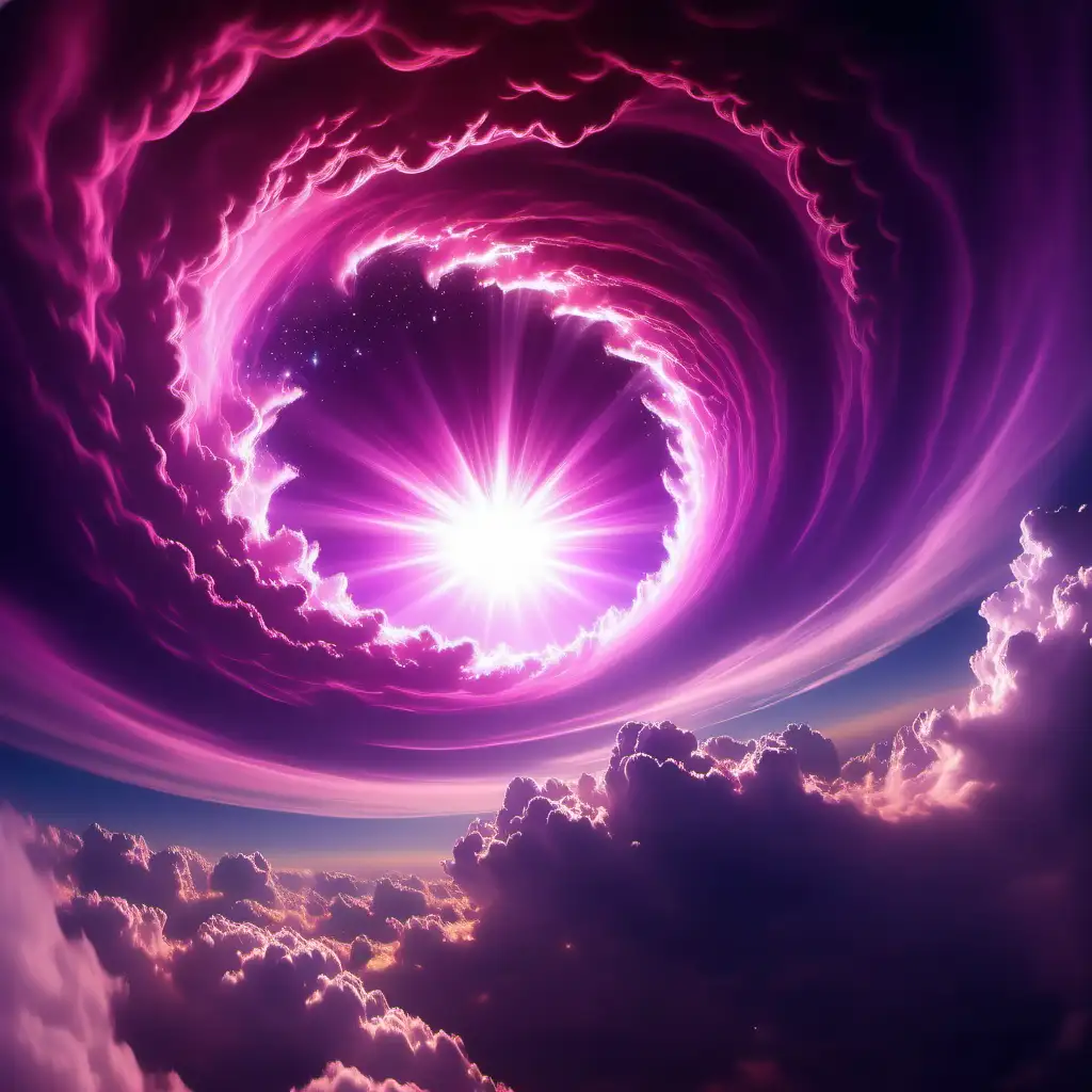 Pink and purple surreal clouds fused with a super natural energy channel, ethereal plane flying out of a wormhole in sky,beautiful serbian climbing out of thin air, HD, High Quality 