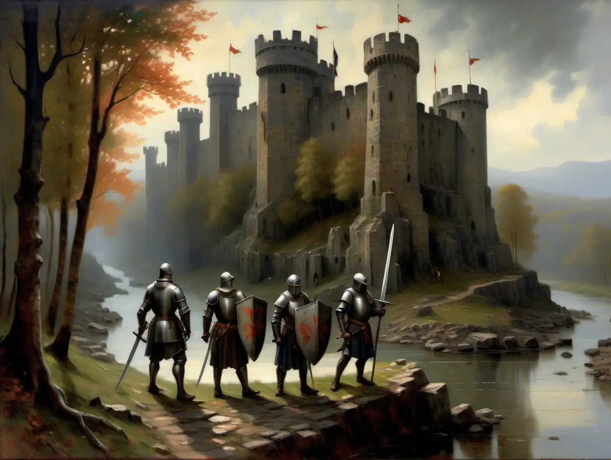 Four mediaeval adventurers, armed with longswords and shields, stand at the edge of a forest and look at a large mediaeval stronghold with dark stone walls and guard towers situated across the river, as far as can be seen.
--style impressionist oil painting
--no spears
--no quivers
--no arrows
