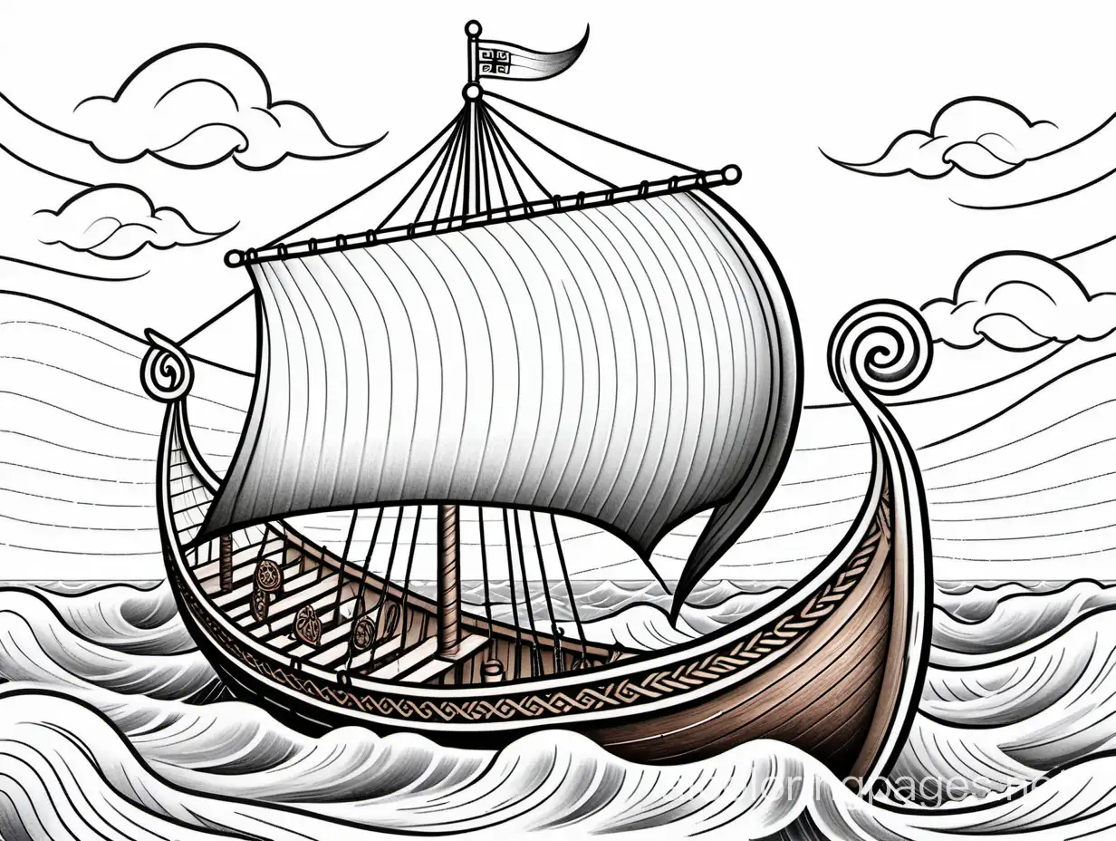 Viking longship sailing on stormy seas, Coloring Page, black and white, line art, white background, Simplicity, Ample White Space. The background of the coloring page is plain white to make it easy for young children to color within the lines. The outlines of all the subjects are easy to distinguish, making it simple for kids to color without too much difficulty