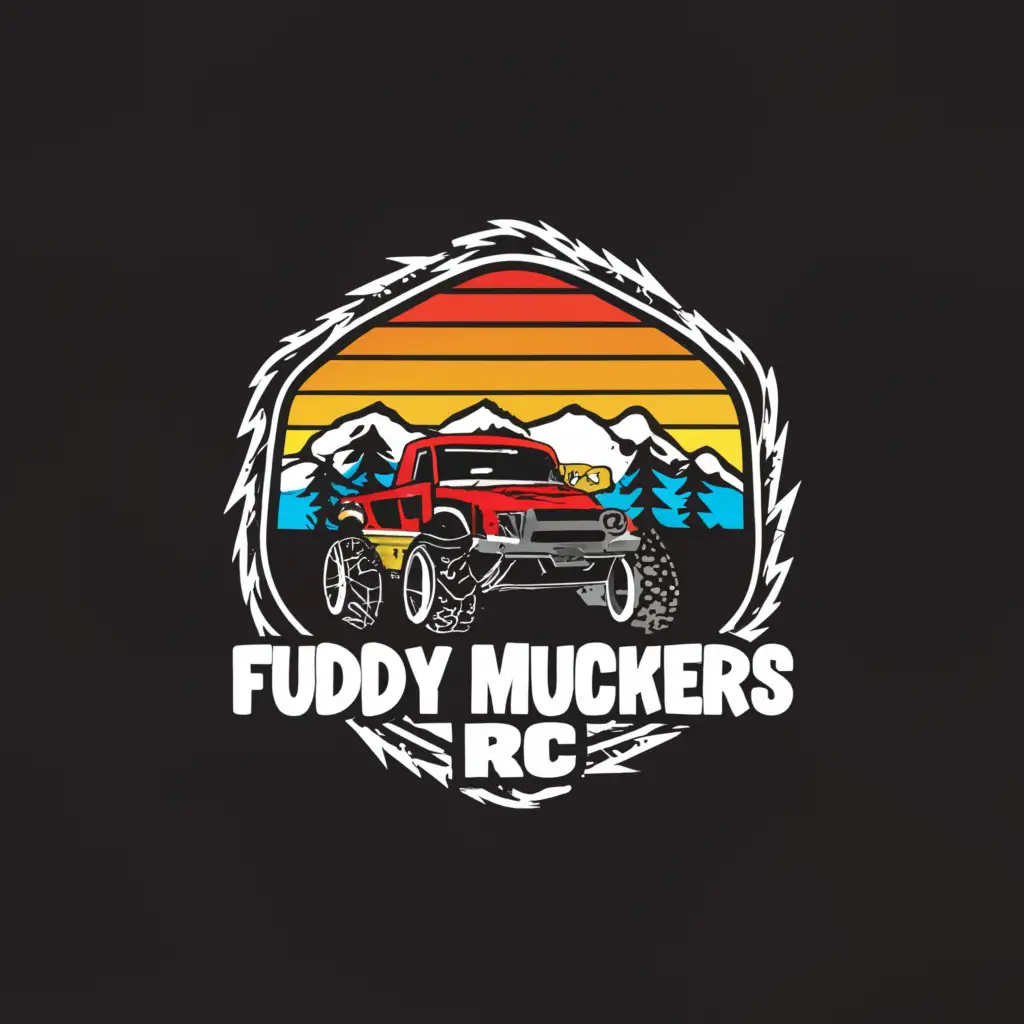 a logo design,with the text FUDDY MUCKERS RC, main symbol:background mountains, cracked font rc truck logo,complex,clear background