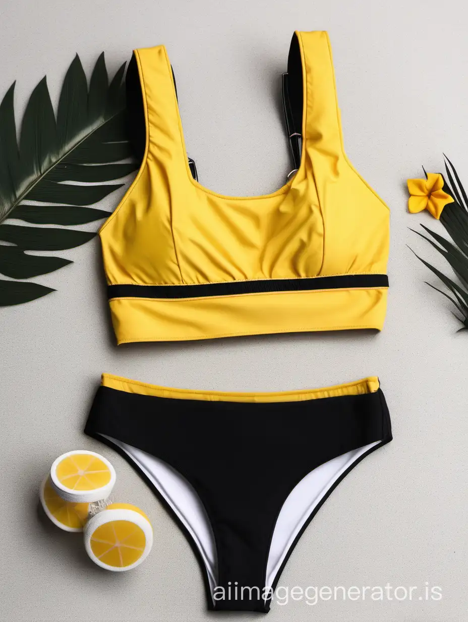 yellow two-piece swimsuit.  top in the form of a top with  thin straps.  high waist bikini. one black vertical strip