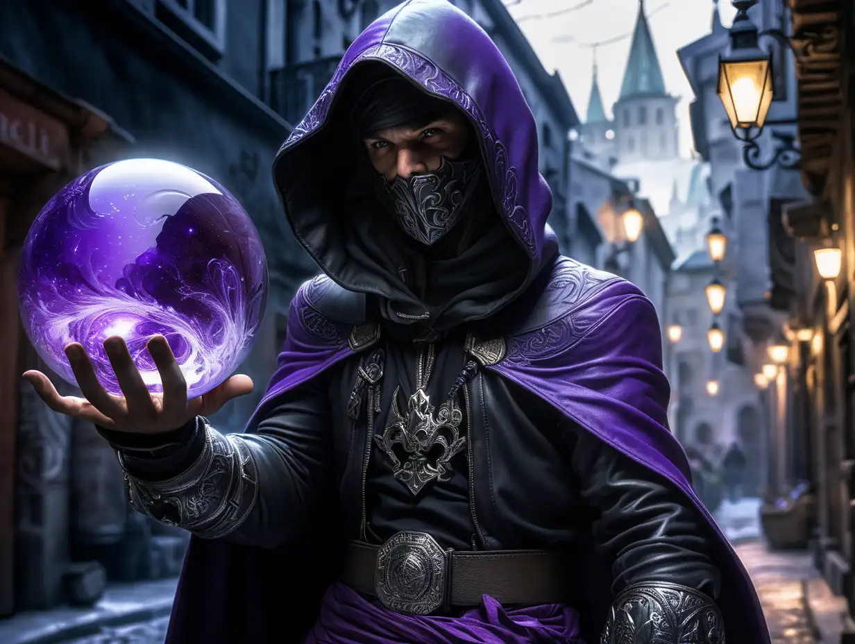 Assassin wearing a black leather outfit with a hood over his head, the background is black and white and only his face is blurred by purple magic, face blurred, he is gathering a purple ball of magic above his right hand that looks like a marble that warps the space around it, standing in the middle of a dimly lit backalley in the night in an old city, in the style of Alfons Mucha, grim, dark, with emphasis on light play and the transparency of the glass, High and short depth of field, Ray tracing, hyperdetailed, hyper realistic, epic portrait, in dynamics, rich, cinematic color grading, stunning, photorealistic, 8k, shot on Canon EOS-1D X Mark III, photorealistic painting, e video, photo taken of an epic intricate, The camera settings are carefully chosen to emphasize the soft light and the subject: an aperture of f/5. 6, ISO 200, and a shutter speed of 1/125 sec, cinematic 35mm --ar 51:91 --s1000