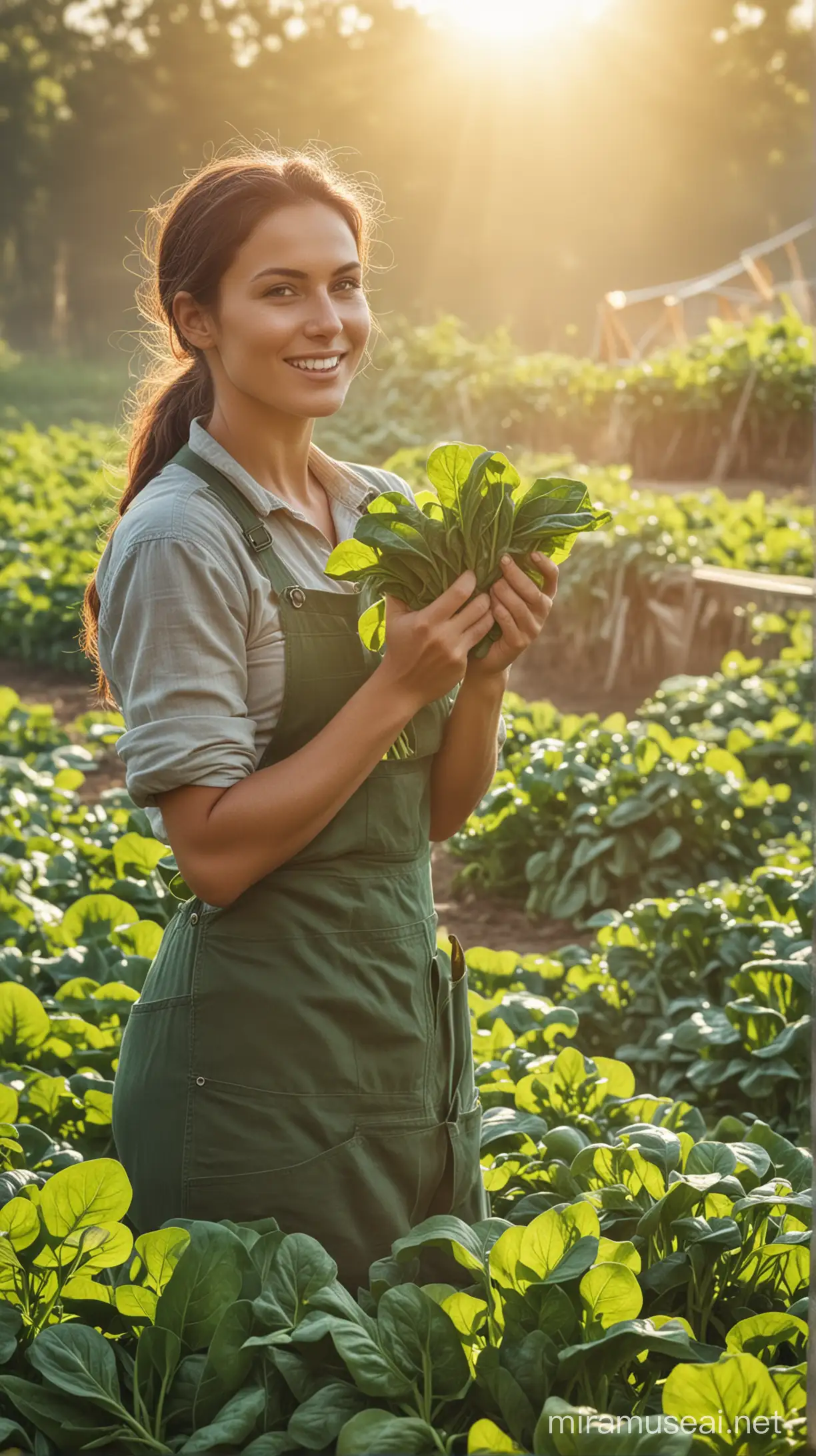 Beautiful farmer women and holding Spinach on hand, natural background, sun light effect, 4k, HDR, morning time weather
