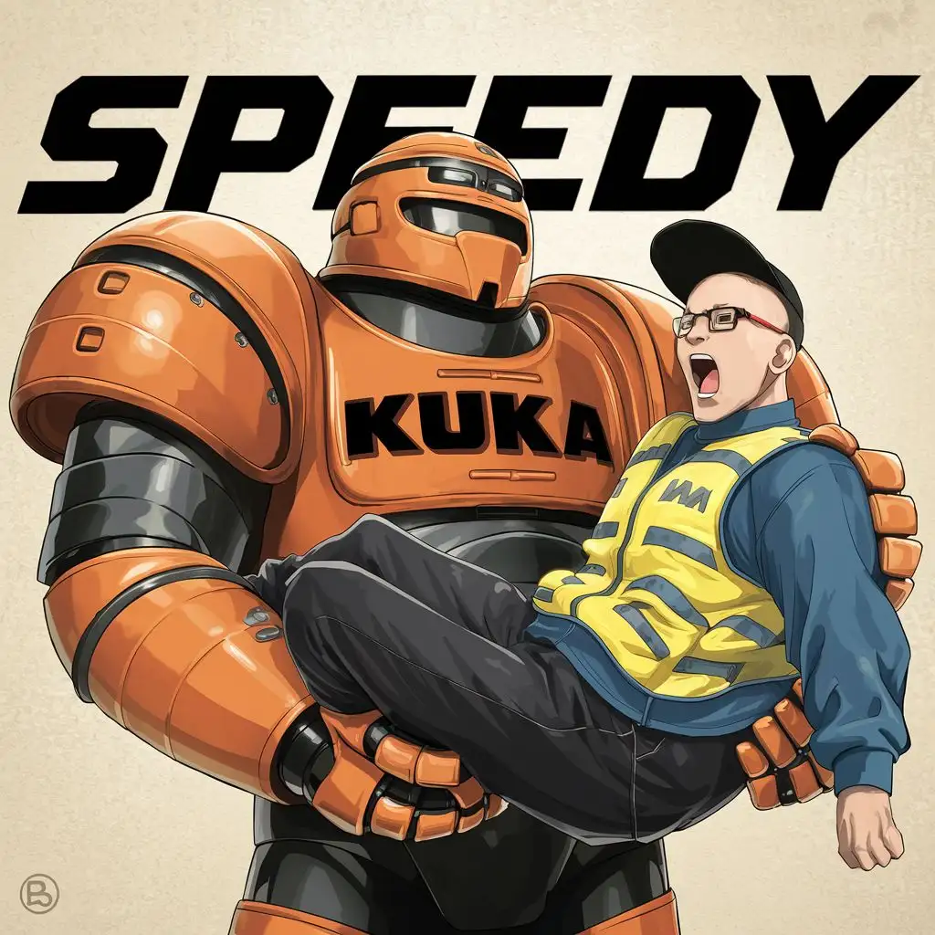 logo, A large orange robotic shoulder with black inscription KuKa, holding a man around the waist and lifting him into the air. The man shouts. The man is bald, has glasses, a black cap. He is wearing a blue sweatshirt and a yellow reflective vest, anime style., with the text "Speedy", typography