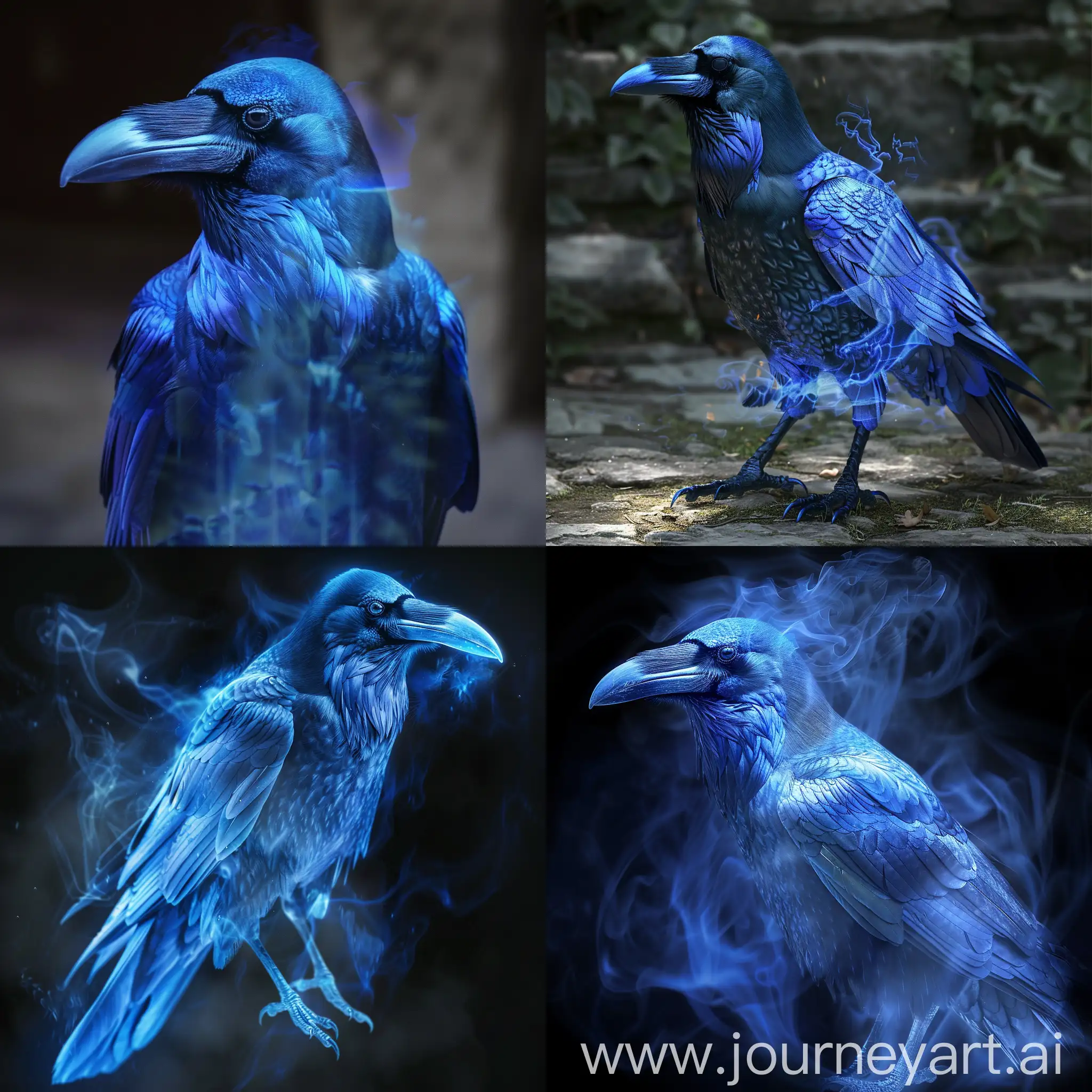 a realistic blue raven phasing  in and out of reality