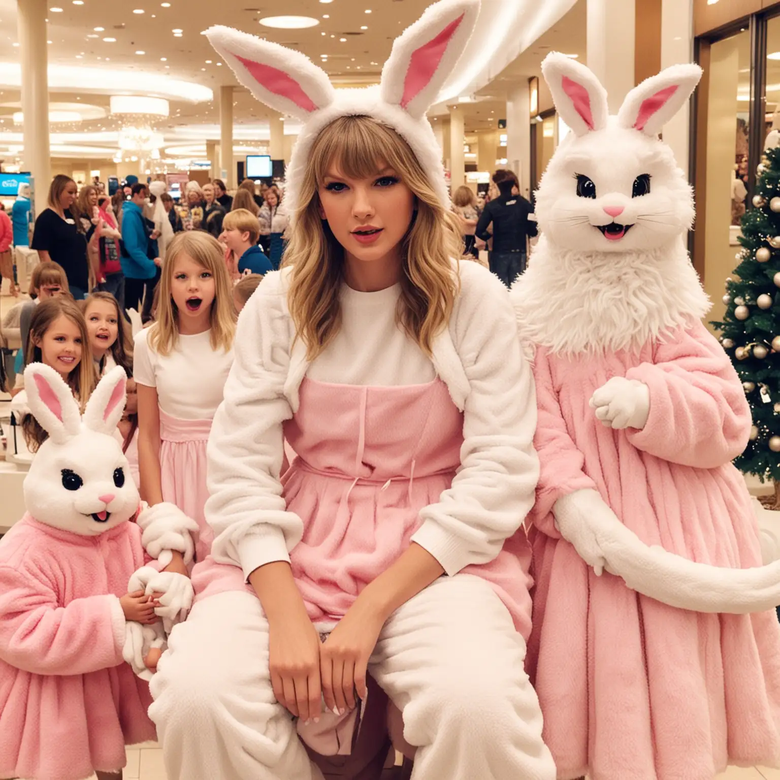 Taylor swift working as a mall Easter bunny taking pictures with kids, full furry gross bunny outfit, awkward, cringe, scary 