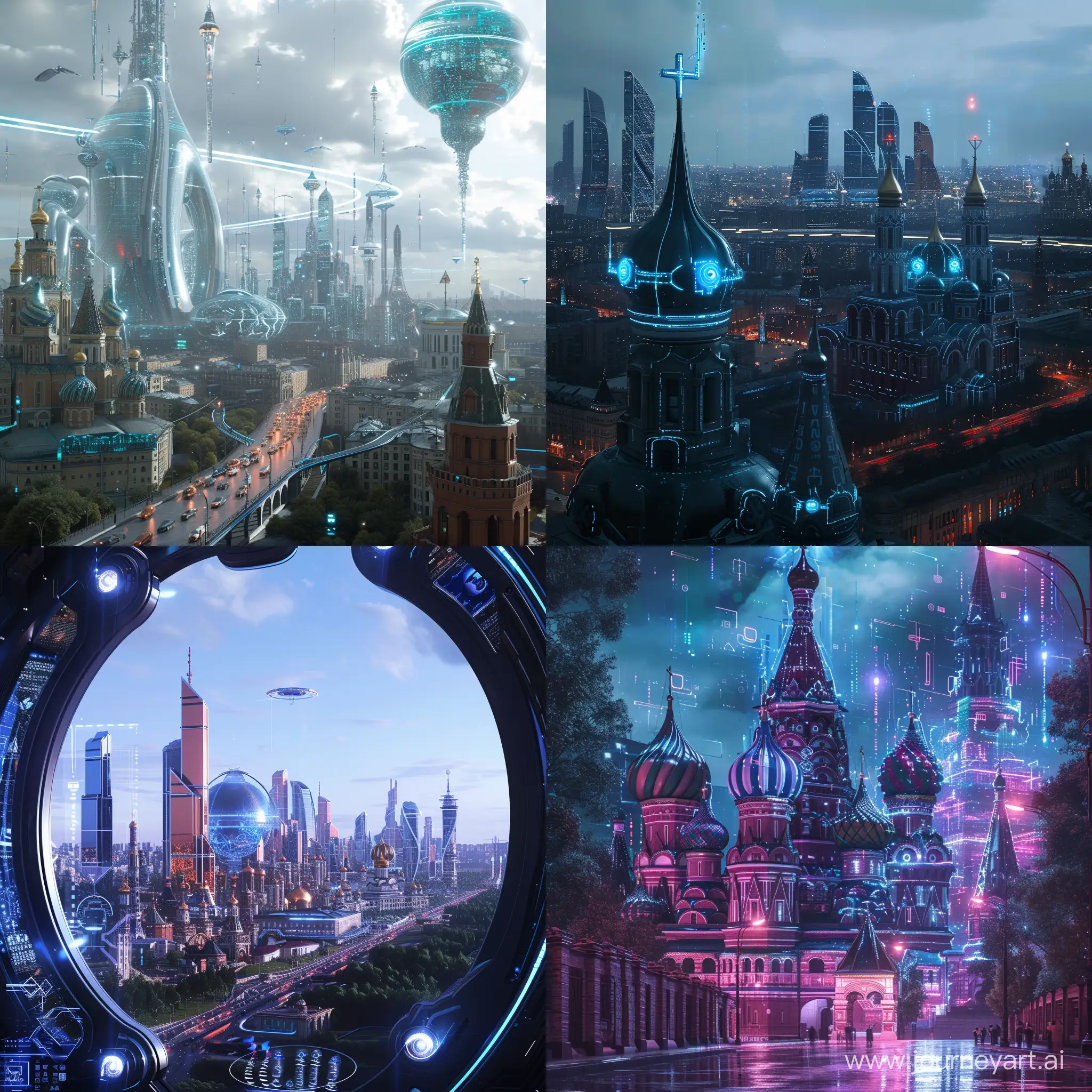 Futuristic Moscow, strong artificial intelligence technology, in cinematic futuristic style
