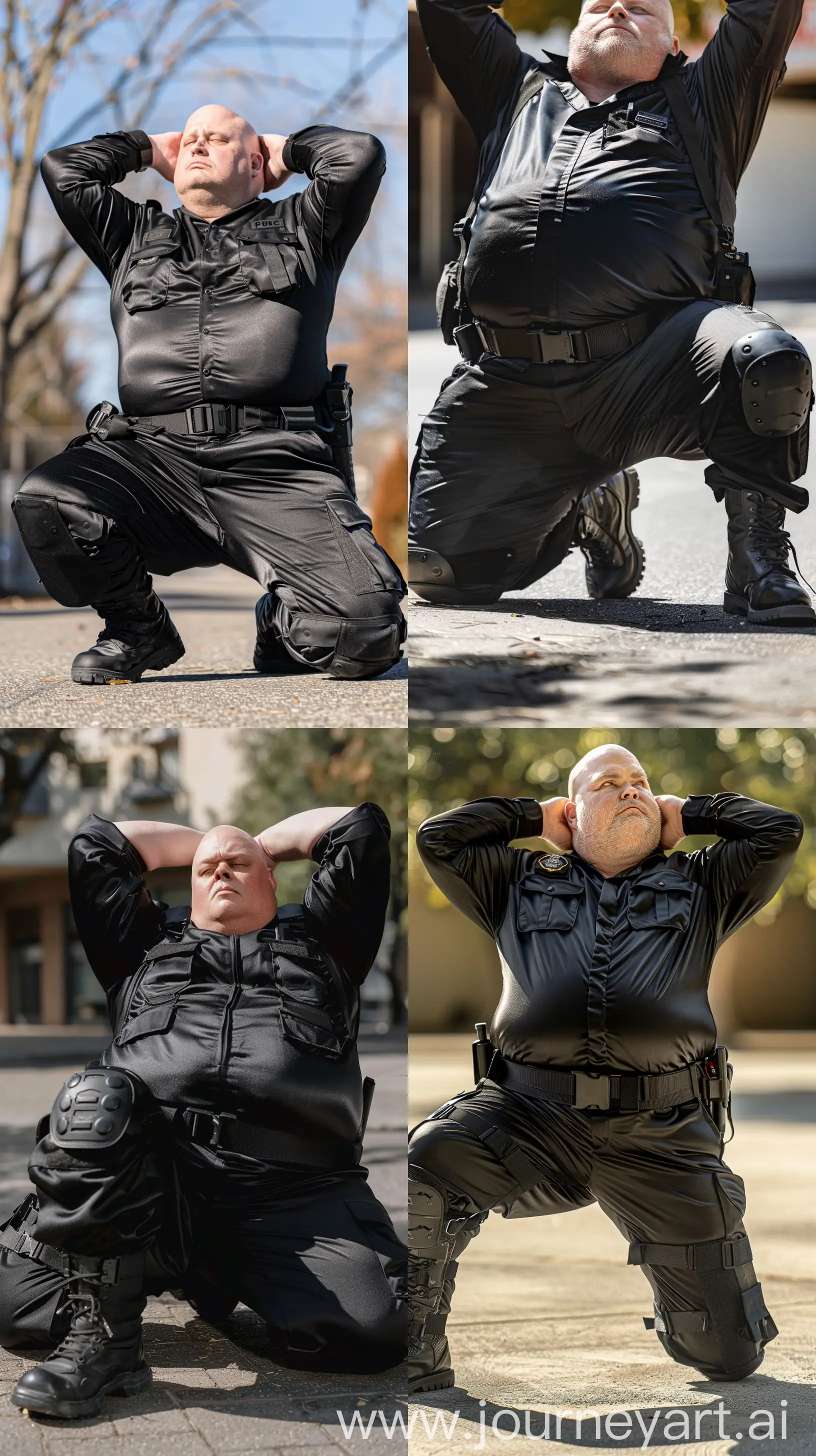 Close-up chest-level photo of a serious fat man aged 60 wearing a silk black security guard skinny-fitted full jumpsuit tucked in black tactical boots. Black tactical belt. Outside. On his knees, hands behind his head. Bald. Clean Shaven. Natural light. --style raw --ar 9:16