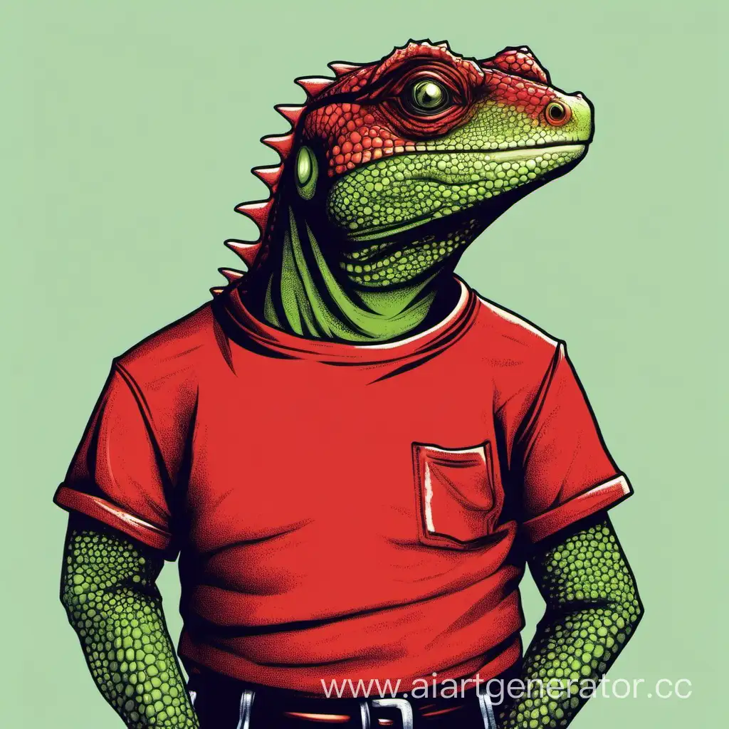 антропоморфная старая ящерица в красной футболке