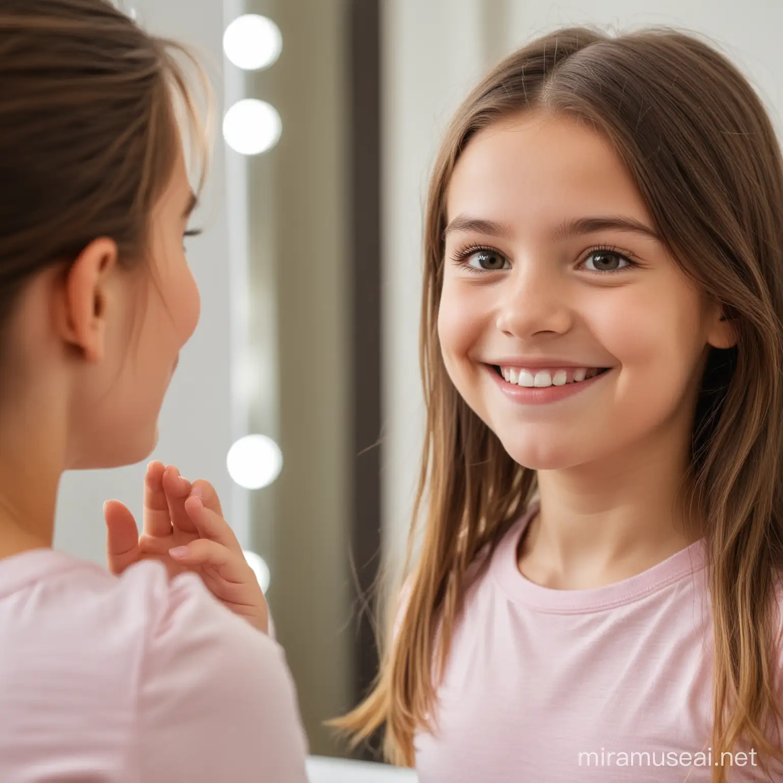 A young girl looking at herself in the mirror smiling at how bright her future will be