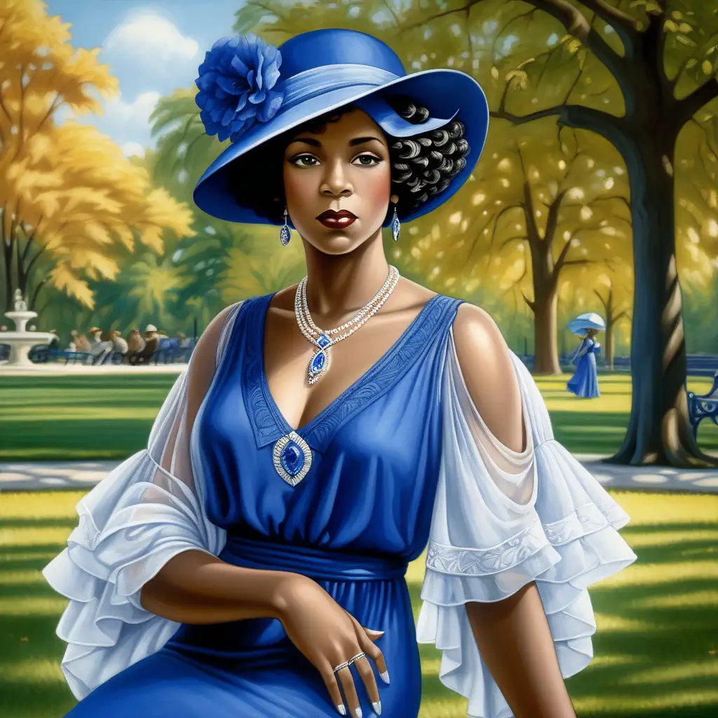 create image of an elegant beautiful 
black woman from 1920 in front of a park. She is wearing royal blue and white