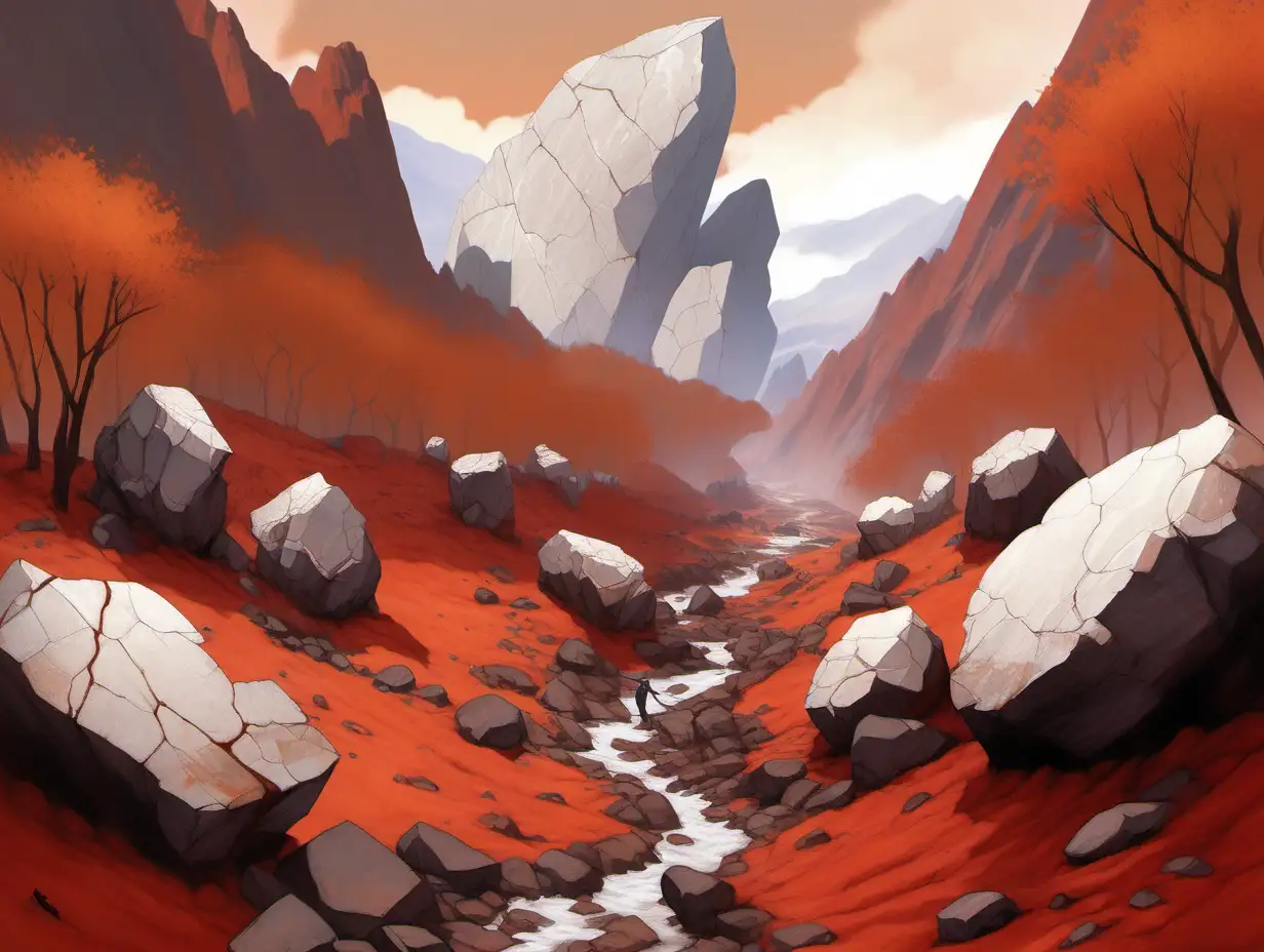steep mountaintop landscape, reddish ground, large white boulders, cracked rocks, small lava stream, autumn trees, MtG art
