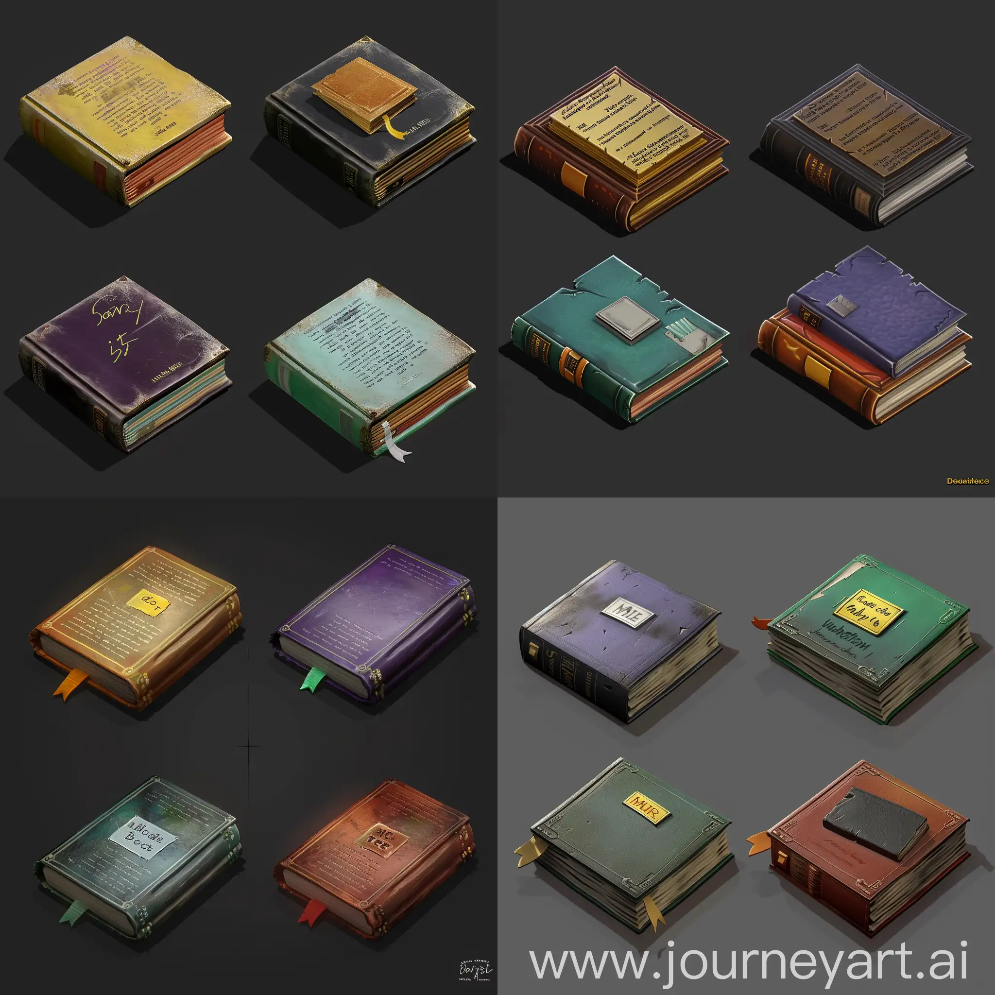 https://imgbly.com/ib/NhVu9noHmK.jpg realistic wornclean very thin books without text in style of realistic 3d blender game asset, leather cover, realisic style, highly detailed texture, sprite sheet isometric set