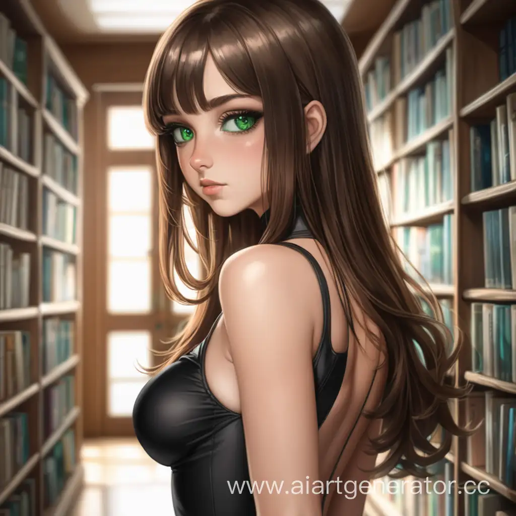 Elegant-Brunette-in-Black-Dress-at-the-Library