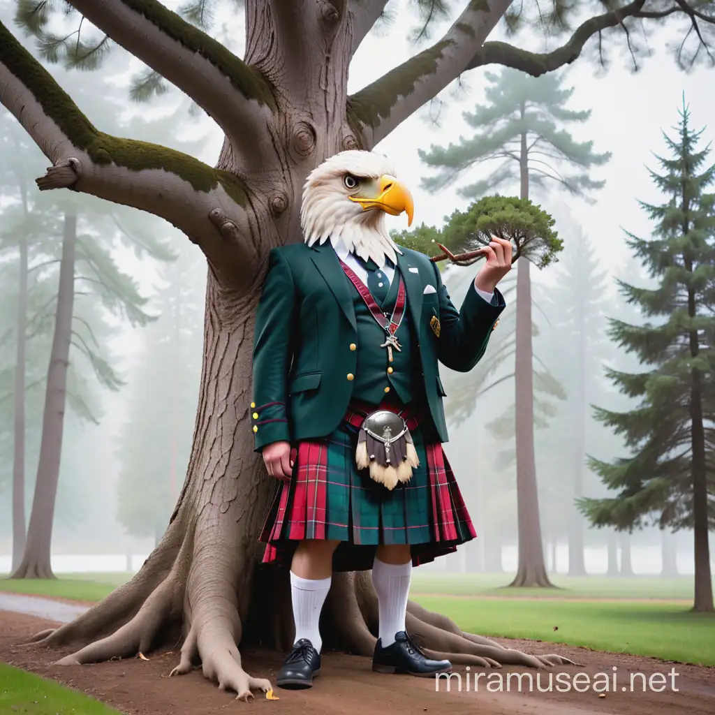 a tree with face and limbs. the tree is wearing a kilt and smoking a Joint
there is an eagle in the picture, which is big enough to carry the tree

