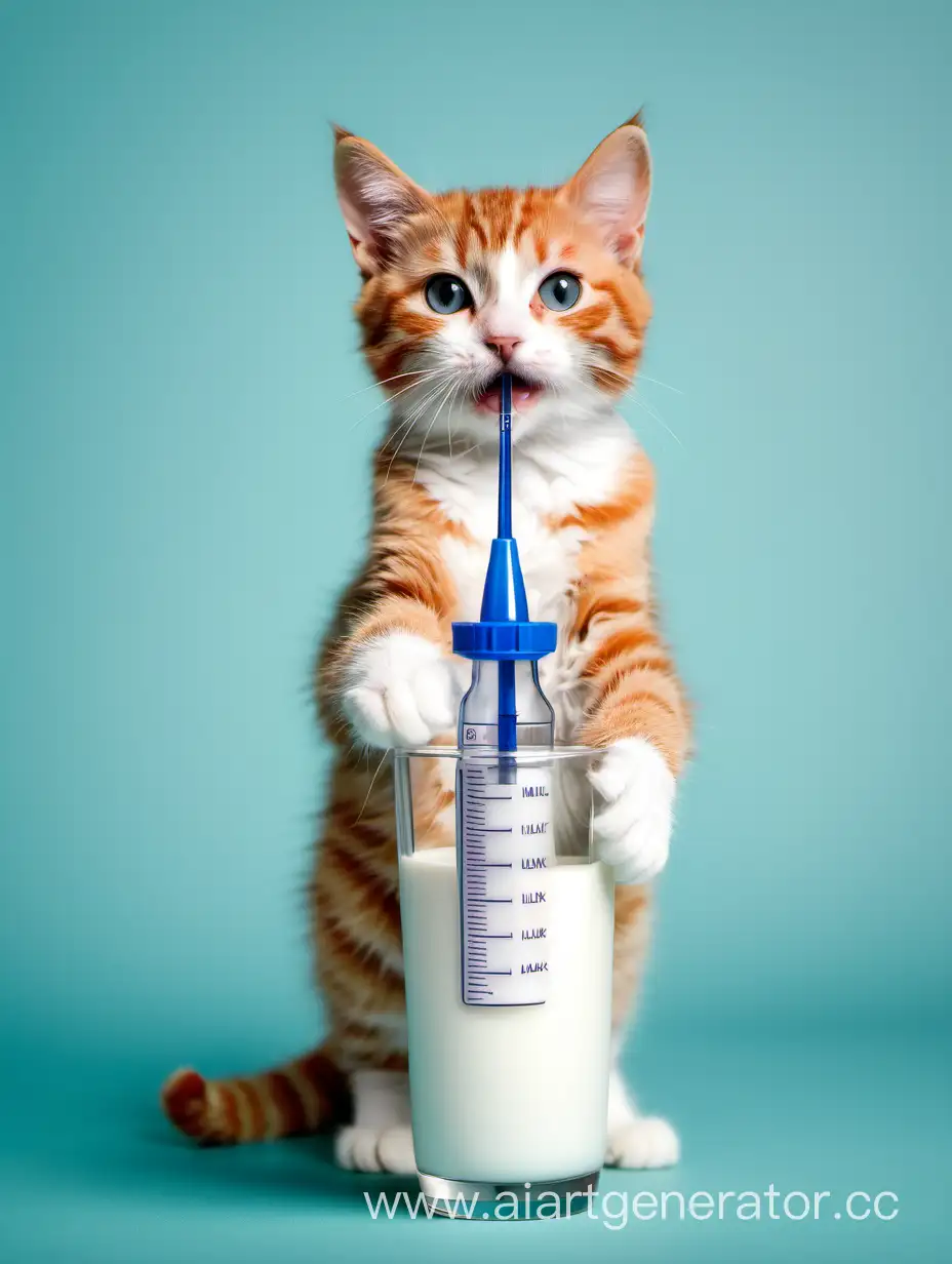 Cute-Cat-Receiving-Medical-Care-with-Syringe-on-Milk-Background