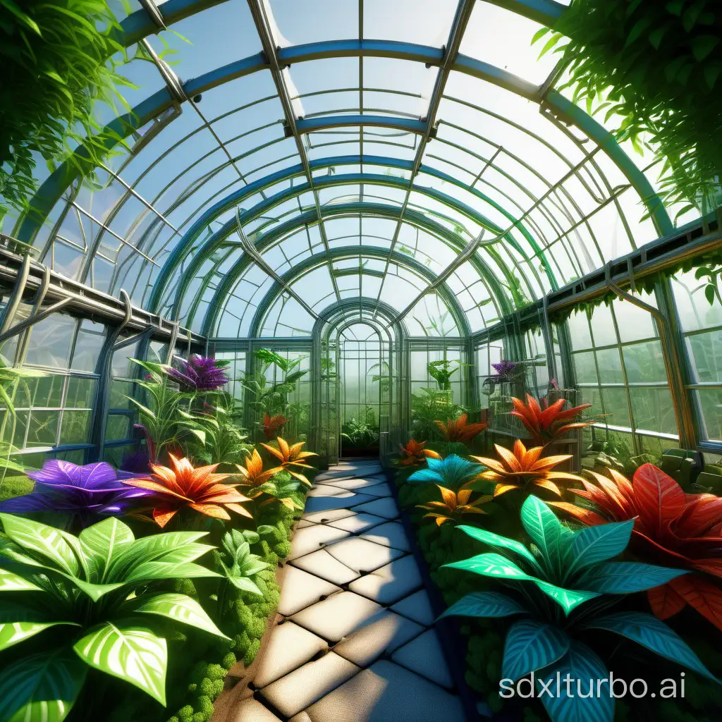 virtual greenhouse, vibrant colors, mechanical fragmentation, biosphere , high detail, 16k, vibrant colors, high detail