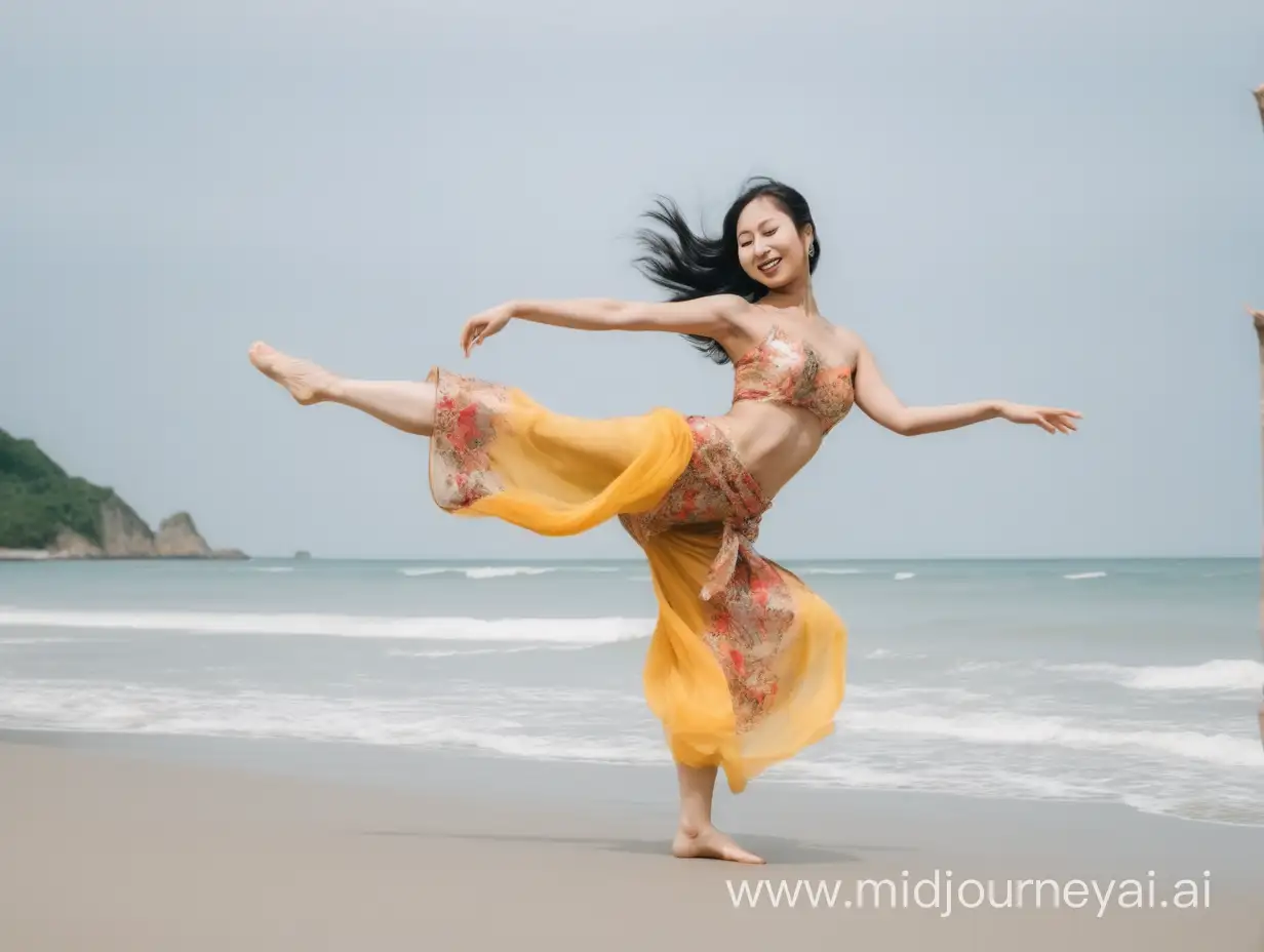 Elegant Asian Woman Dancing Gracefully on Serene Beach