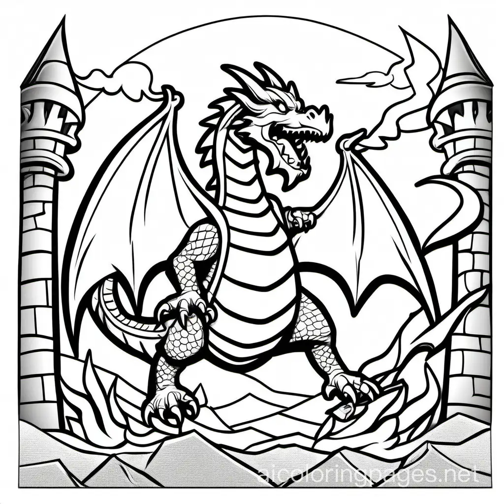 Dragon breathing fire on to knights, Coloring Page, black and white, line art, white background, Simplicity, Ample White Space. The background of the coloring page is plain white to make it easy for young children to color within the lines. The outlines of all the subjects are easy to distinguish, making it simple for kids to color without too much difficulty