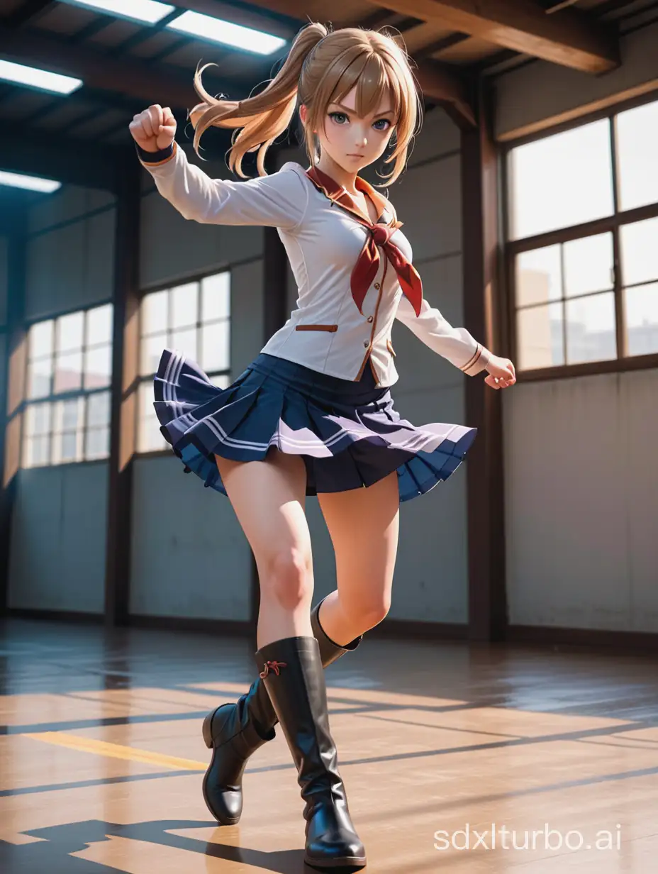 Fierce Determination: Anime Girl Ready for Battle with demostrate a high kick" - Showcasing a rendered anime girl in skirt and boots, full body, in the midst of action.