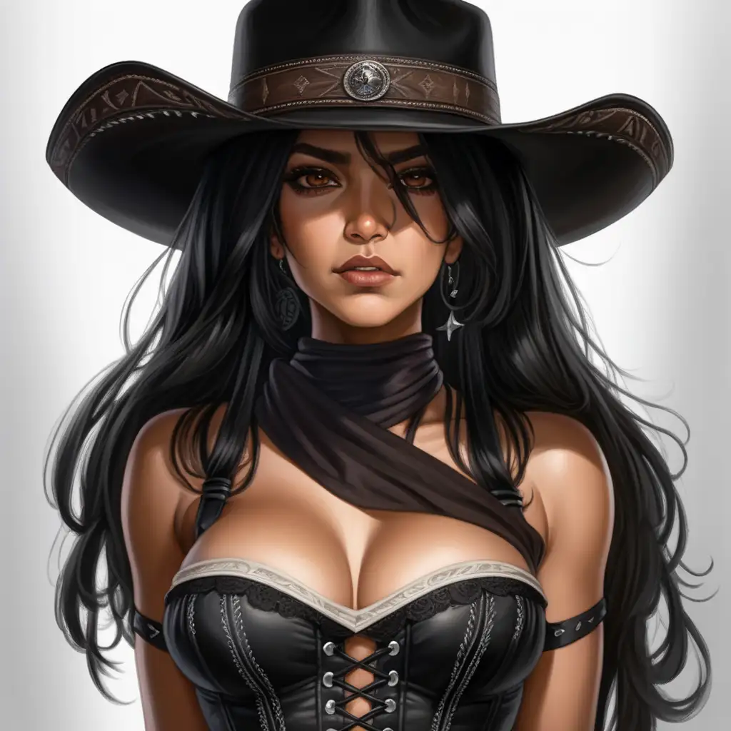black cowboy hat, black hair, long hair, brown eyes, Latina, female, western, black corset, mature, black bandana around neck, semi realism, mature woman, Evil