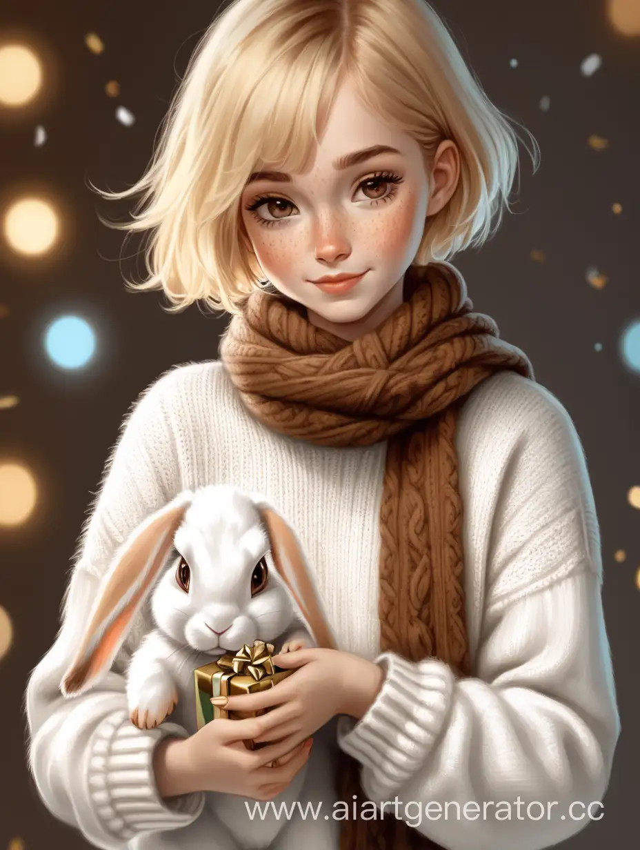 девушка блондинка с короткими волосами, с веснушками, в длинном белом свитере и коричневом шарфике с коричневым ободком, достает из новогоднего подарка зайчика, в полный рост