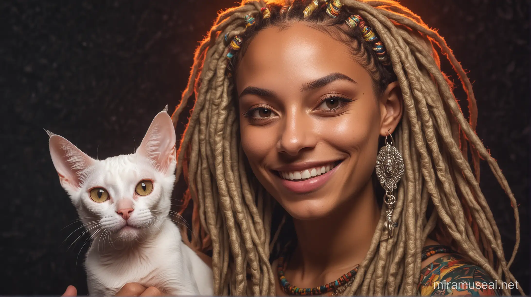 Psychedelic image of a lit weed blunt  lighting a dark area personified as a female latina dreadlocks white skin goddess holding a smiling sphinx cat