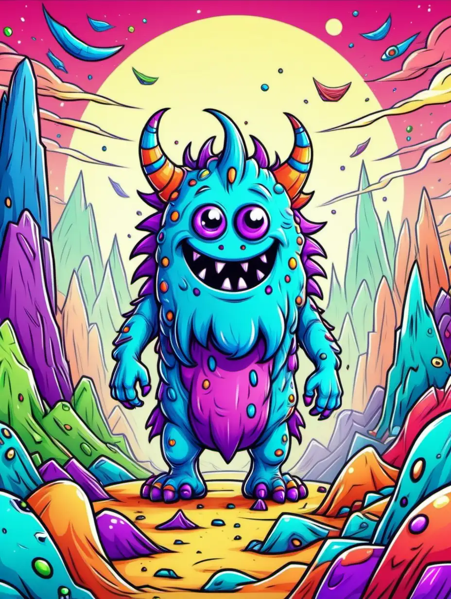 can you create a  cute monster for a kids themed coloring book front page, bright color, thin lines, high dof, 8k, ar 85:110, vivid colors, colorful homeworld background