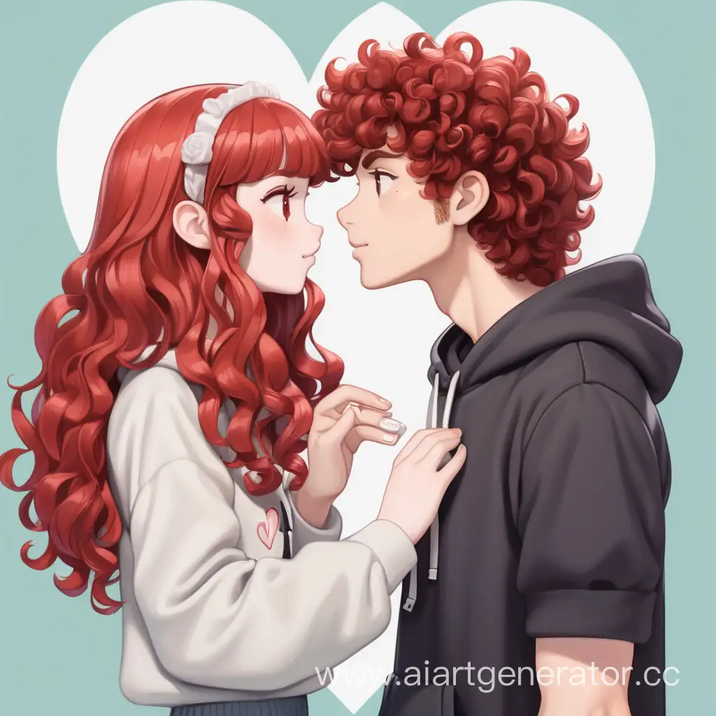 a red-haired guy with curly and lush hair and white bangs in the middle,  gives a girl 170 cm tall to give hearts