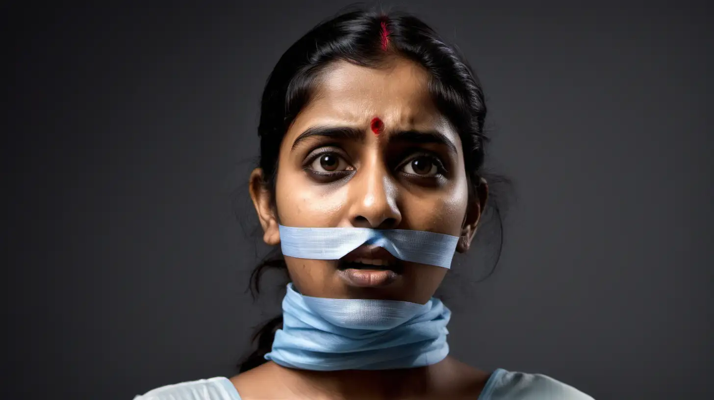 <Generate an image featuring a young sexy Indian girl standing upright, facing the camera with a worried expression. Her mouth is symbolically taped, conveying the restriction of speech. The atmosphere should evoke a sense of concern and a plea for the freedom of expression. Capture the emotion and intensity of the moment in a thought-provoking visual representation.>