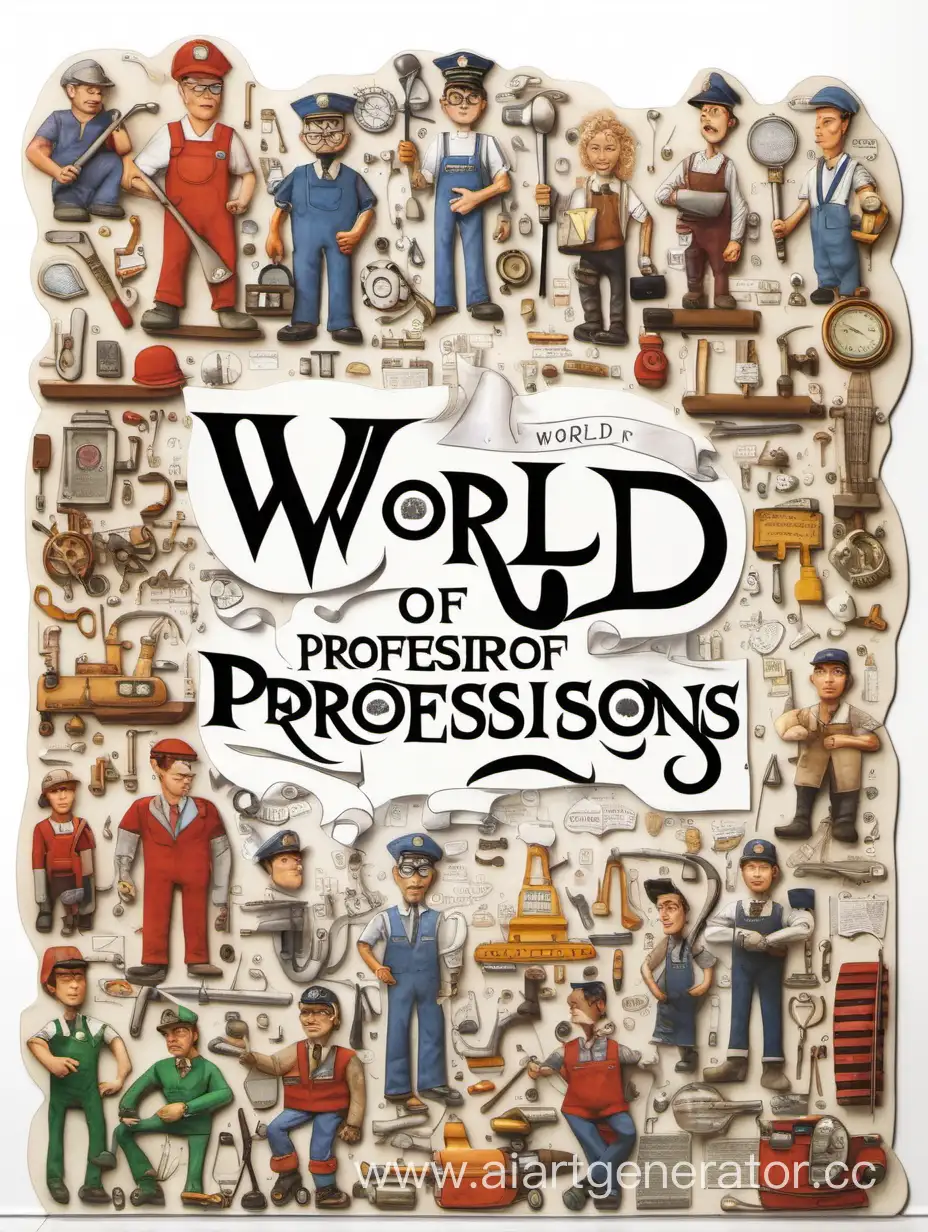 На белом фоне есть 2Д надпись «Мир профессий», в которой буквы сделаны в виде разных профессий