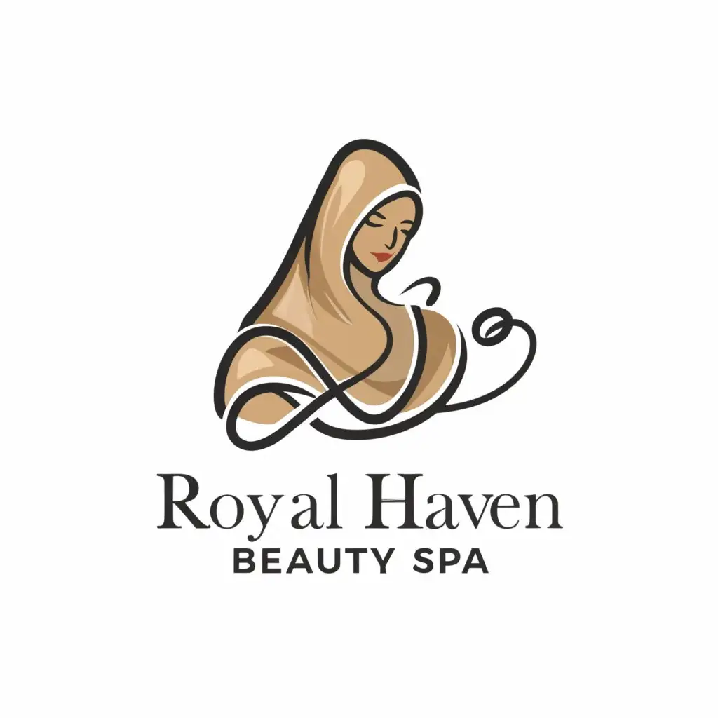 a logo design, with the text 'royal haven', main symbol: a woman who wears a hijab and a calligraphy cloak, moderate, to be used in Beauty Spa industry, clear background