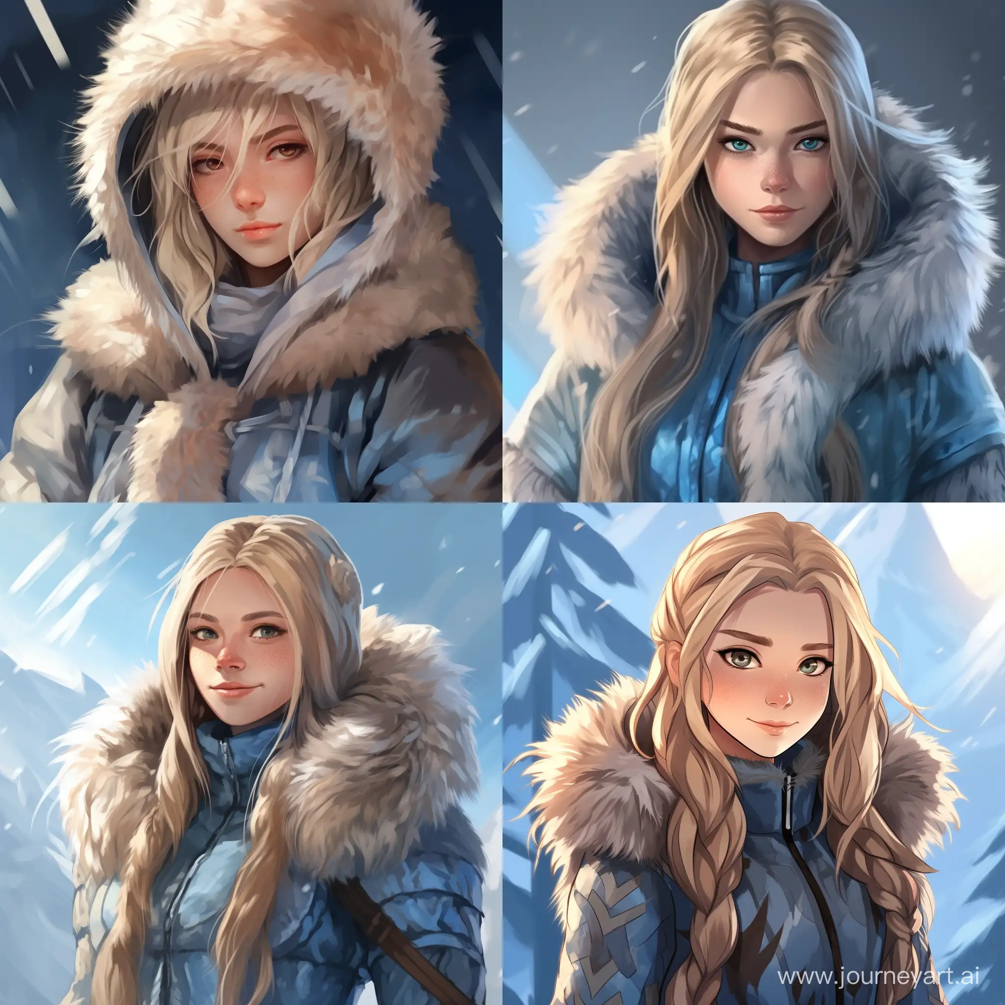 beautiful girl, straight blonde hair, gray eyes, teenager, in a blue fur coat, winter, Avatar legend of aang, South pole, high quality, high detail, cartoon art