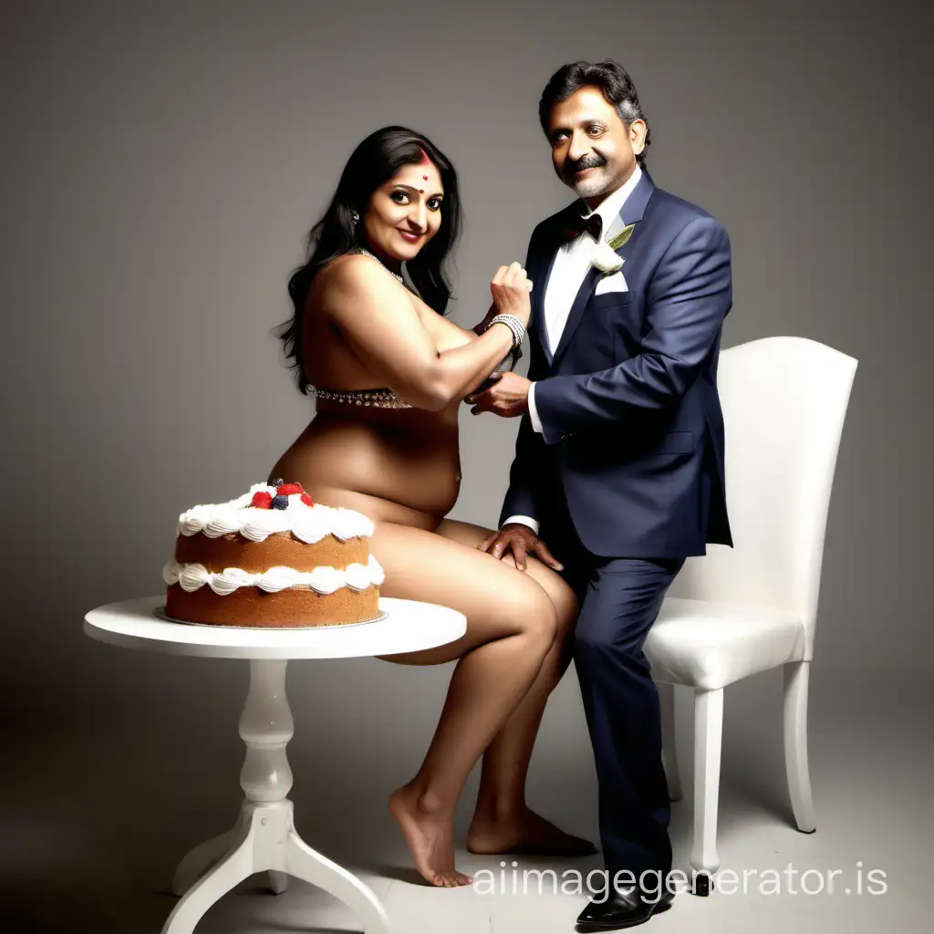 Generate full body view image of a 40 year old curvy naked indian woman serving cake to her 50 year old male boyfriend  seating on a dining chair . she is wearing wedding jewellery. The man is wearing formal suit 