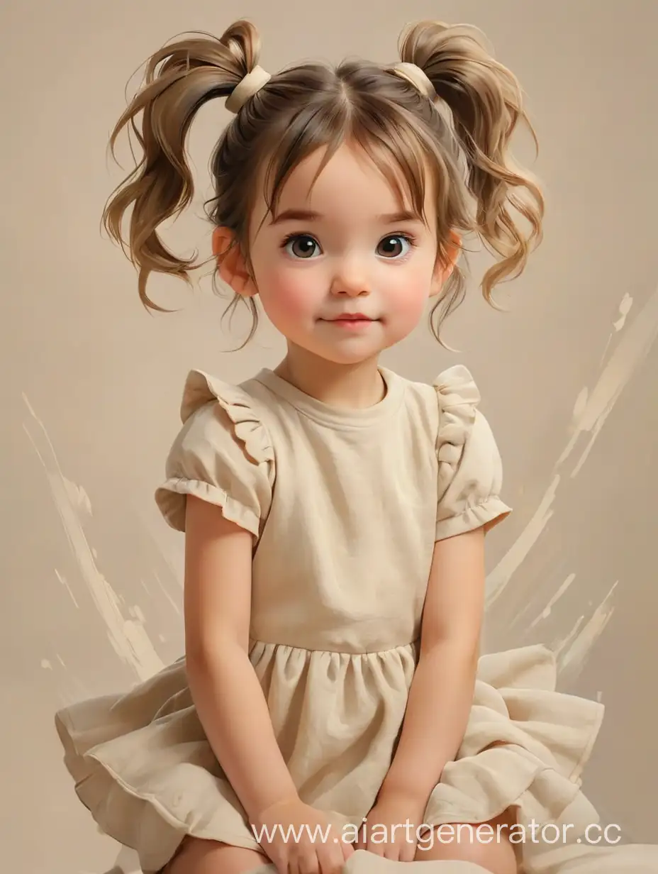 Adorable-OneYearOld-Girl-with-Pigtails-in-Fluffy-Beige-Dress-on-Artistic-Canvas-Background