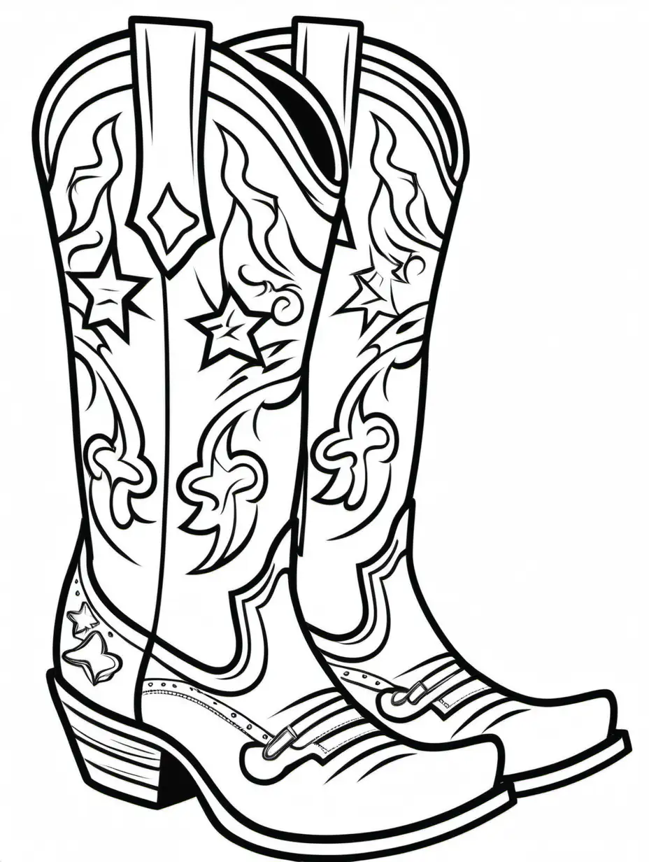 cowgirl boots for coloring book, cartoon style, black and white, thick black lines, show margins 