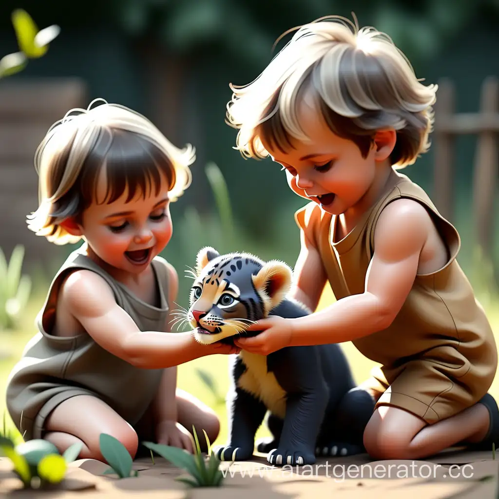маленькие дети играют с детенышами животных