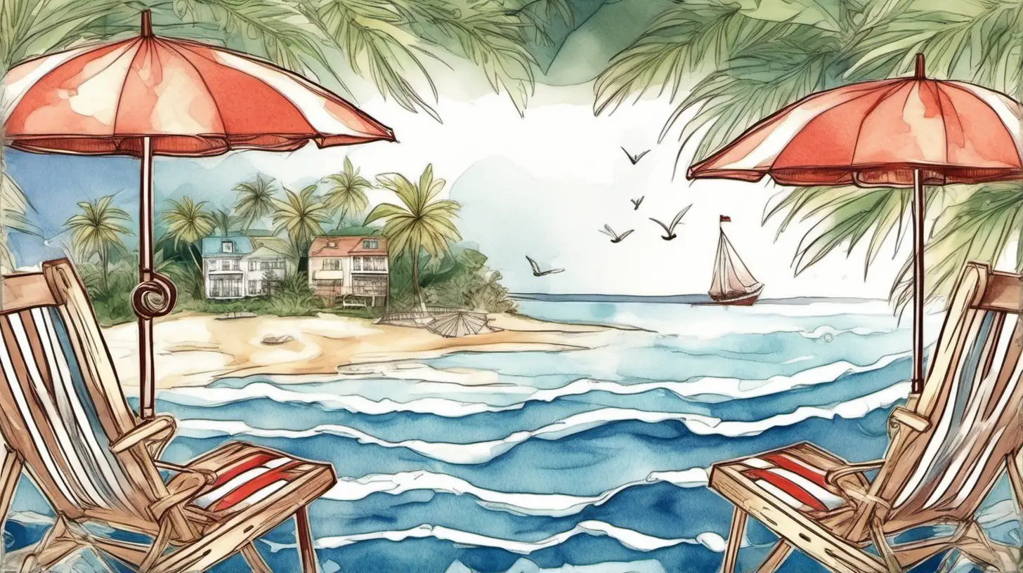 I want to create an illustrated motif for a beauty box... an island at sea, a beach, a boat, an umbrella and a deck chair, top view, I want an original illustration (pattern) based on water colours or something similar