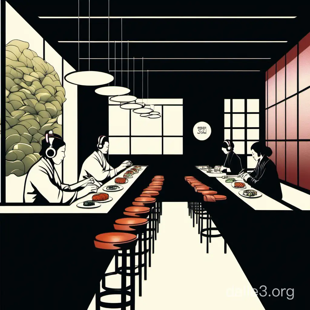 Sushi bar, dark, peaceful, modern, seated client, headphones