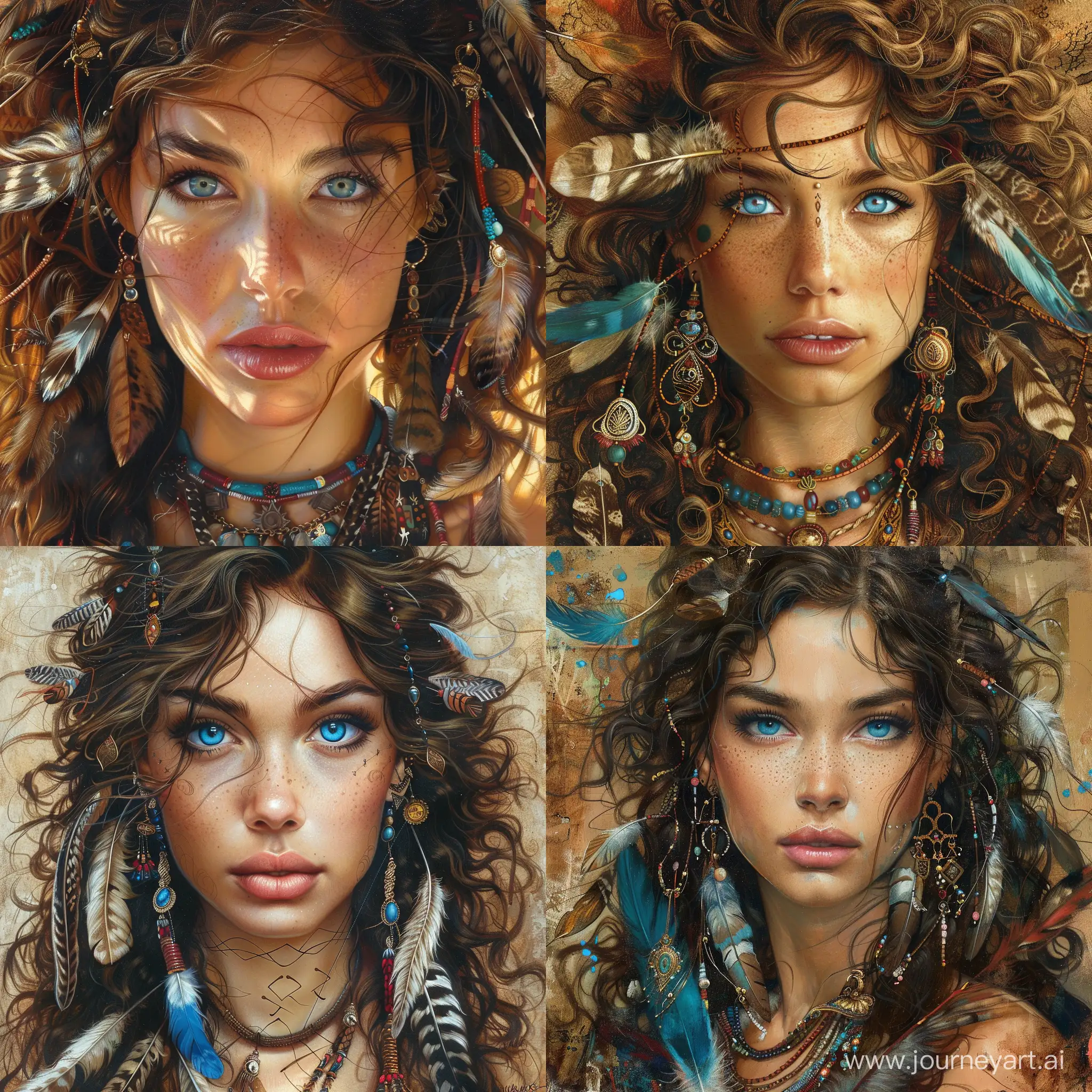 Indian-Woman-with-Blue-Eyes-and-Curly-Brunette-Hair-Adorned-with-Feathers-and-Trinkets