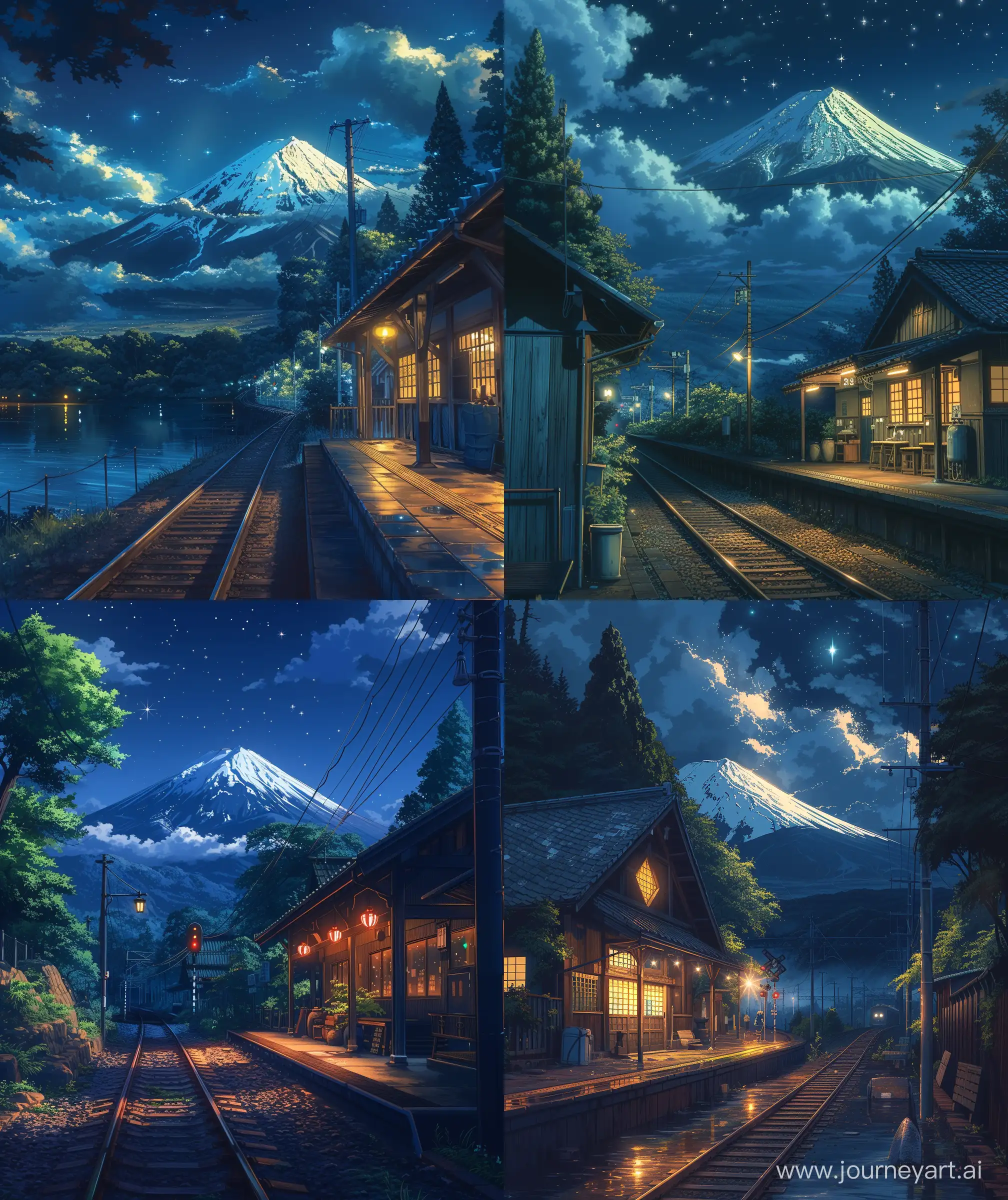 Beautiful anime scenery , Ghibli style, japnese train station, mount Fuji view, night time, quite view, stars, glowing moonlight over station, summer night , illustration, anime scenary, ultra hd, High quality, sharp details, close up look, beautiful anime view, no hyperrealistic --ar 27:32 --s 400 