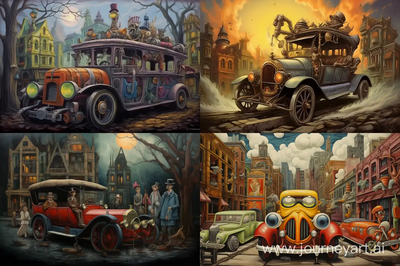 A Dodge Brothers Touring Car (1914-1923) on the street in a city, outsider art style:: --ar 3:2